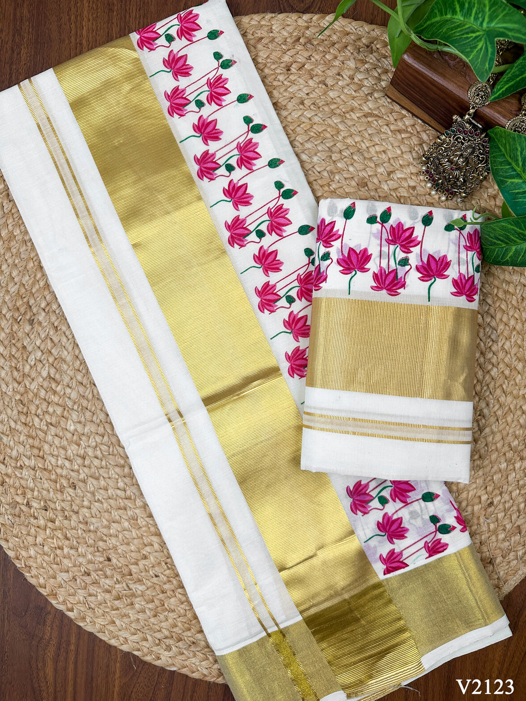 3" Cotton Floral Printed Half Fine Set Mundu