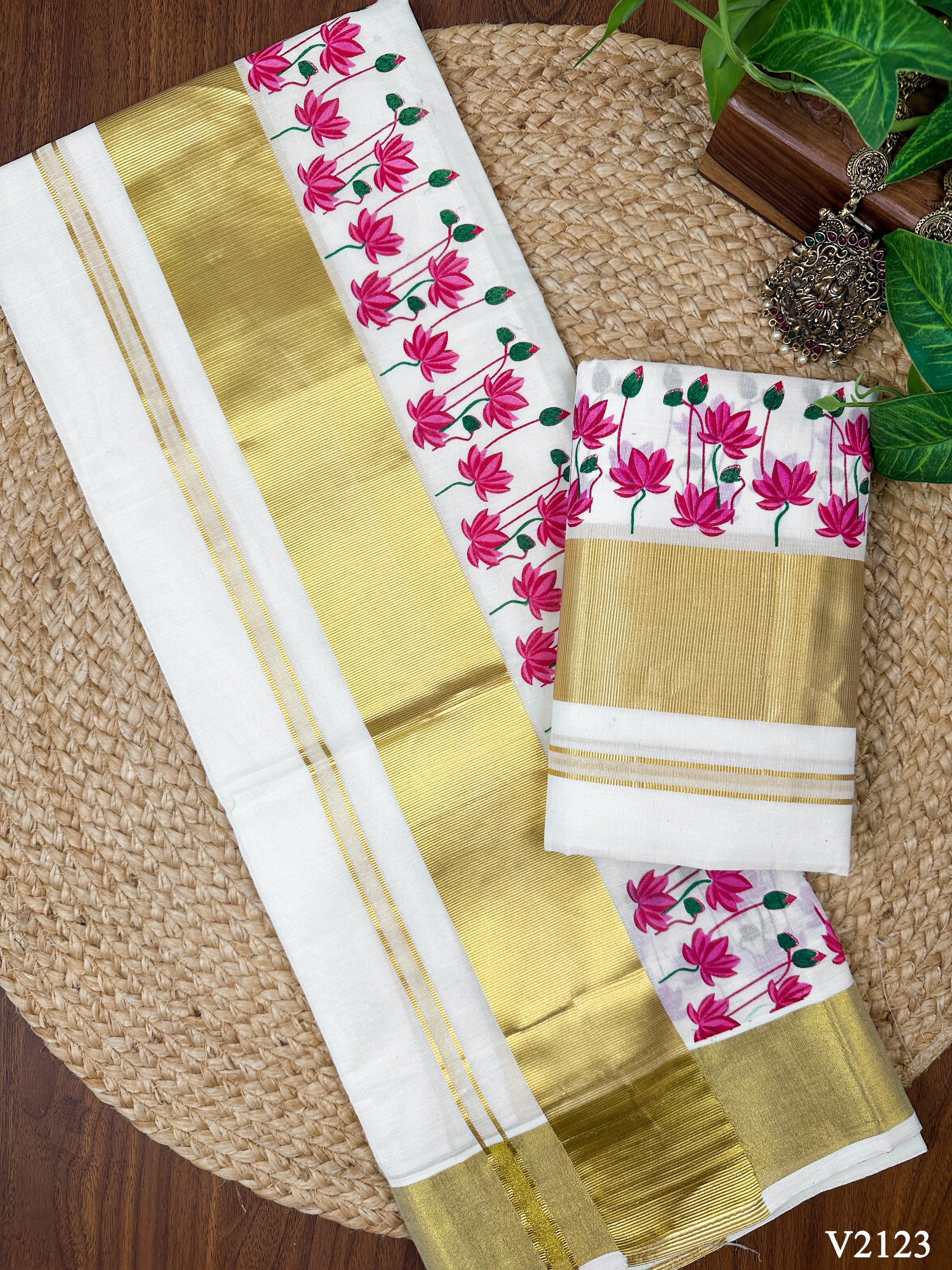 3" Cotton Floral Printed Half Fine Set Mundu