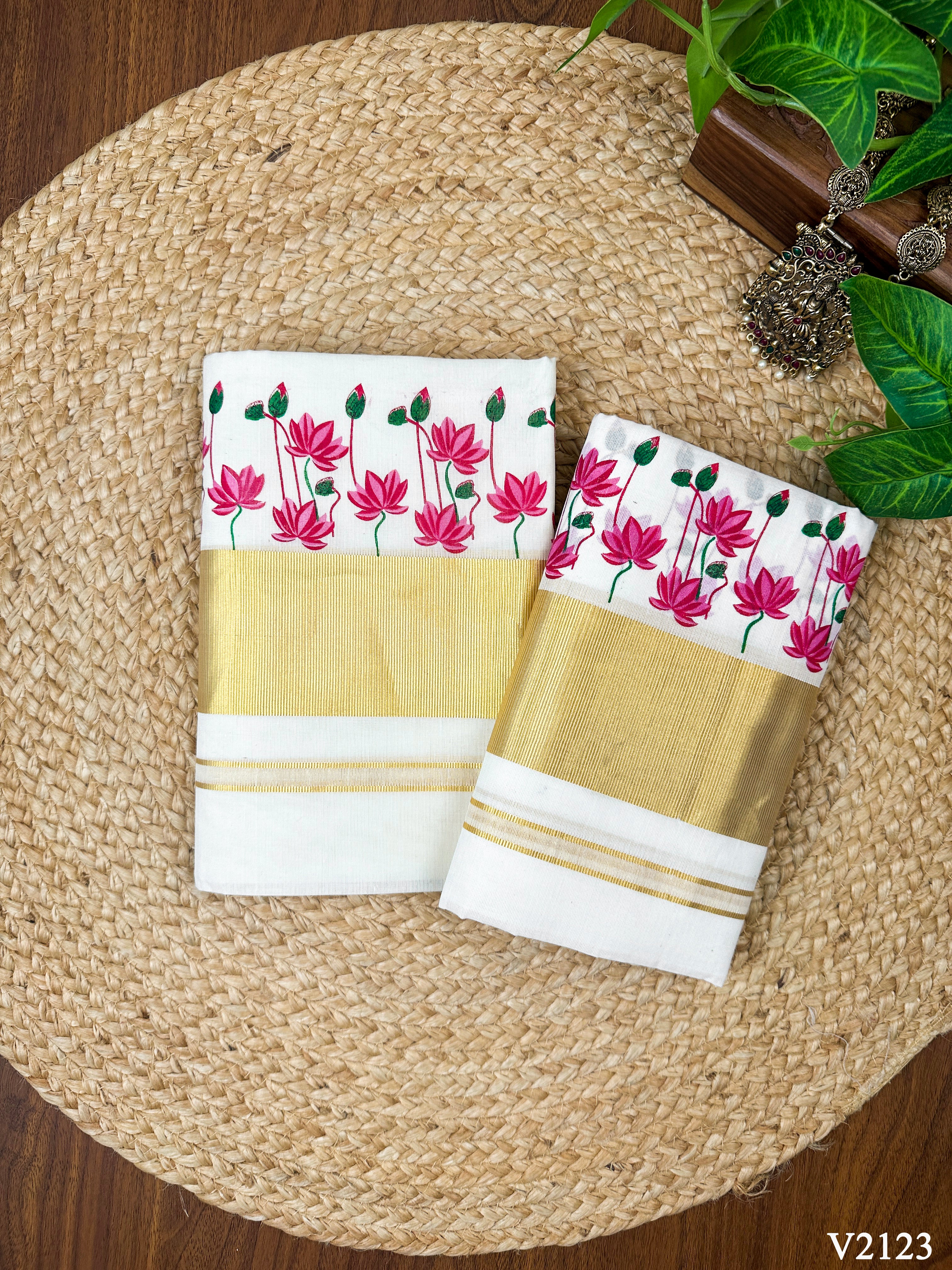 3" Cotton Floral Printed Half Fine Set Mundu