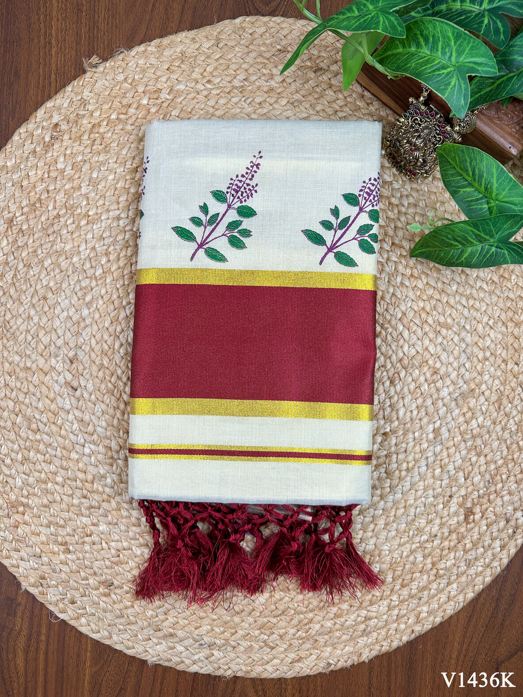 4 Inch Golden Tissue Set Saree with Tulasi kathir Print