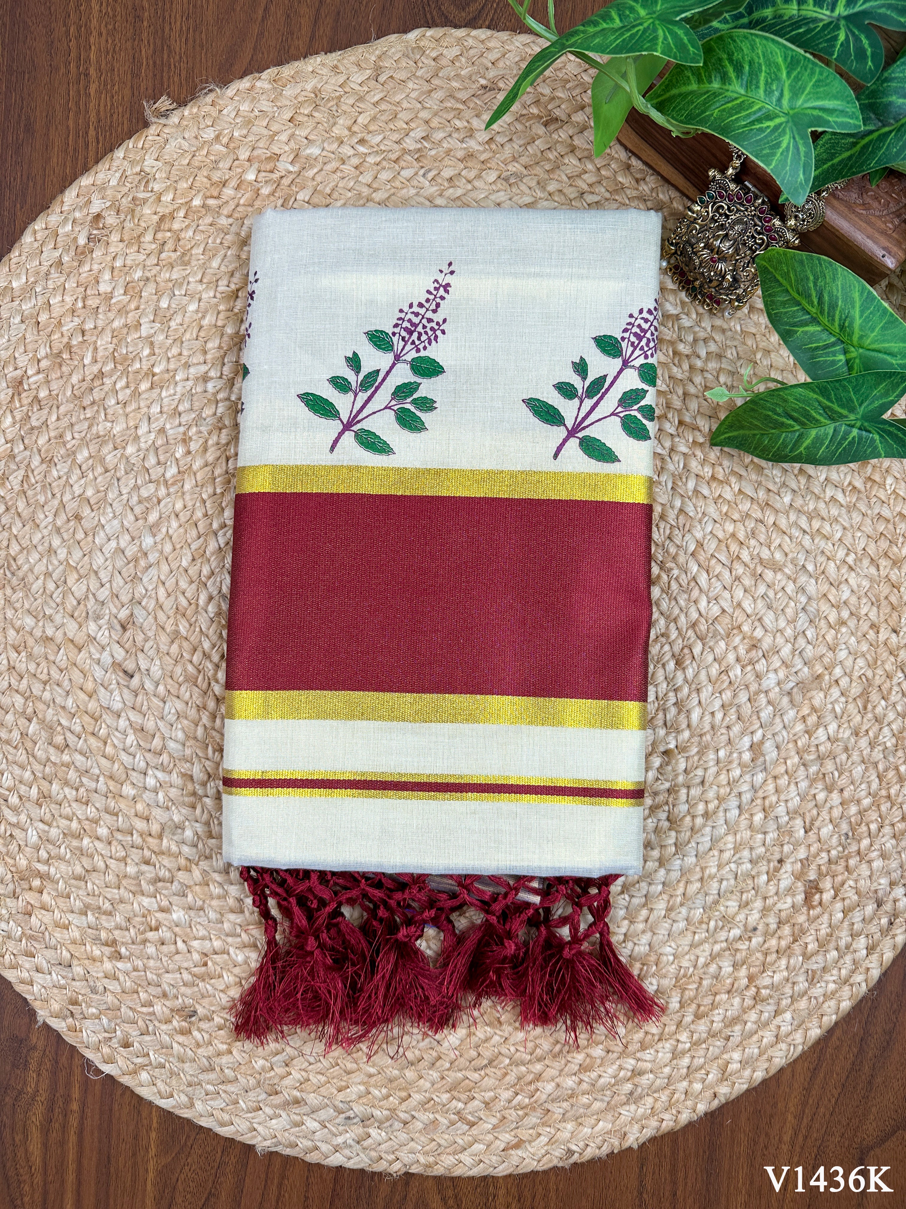 4 Inch Golden Tissue Set Saree with Tulasi kathir Print