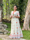 Lotus Printed Top & Skirt Set – Orange with Silver Kasavu Border