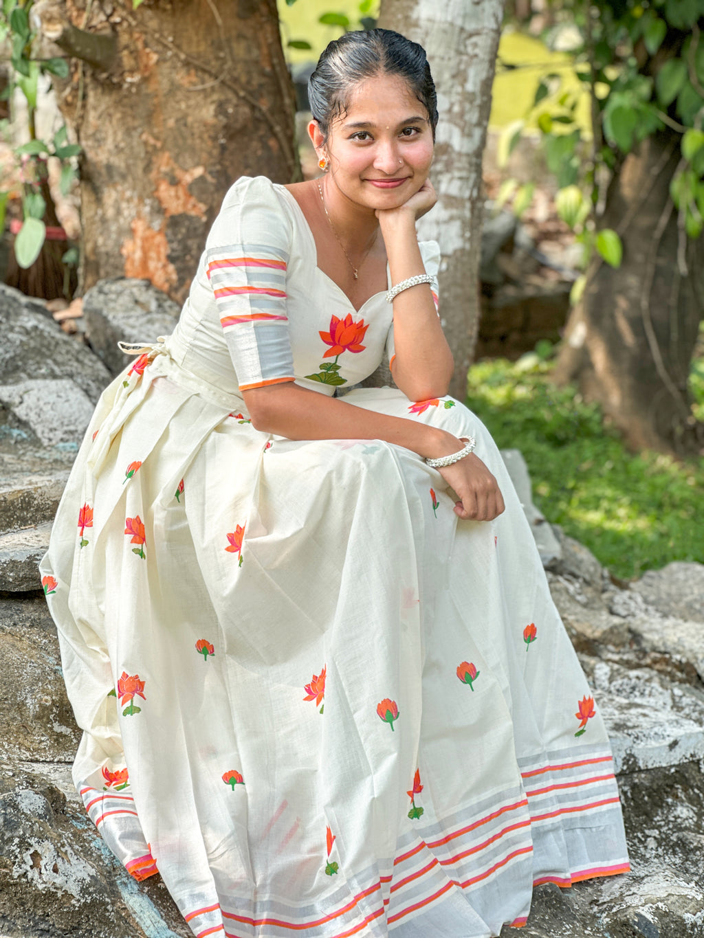 Lotus Printed Top & Skirt Set – Orange with Silver Kasavu Border