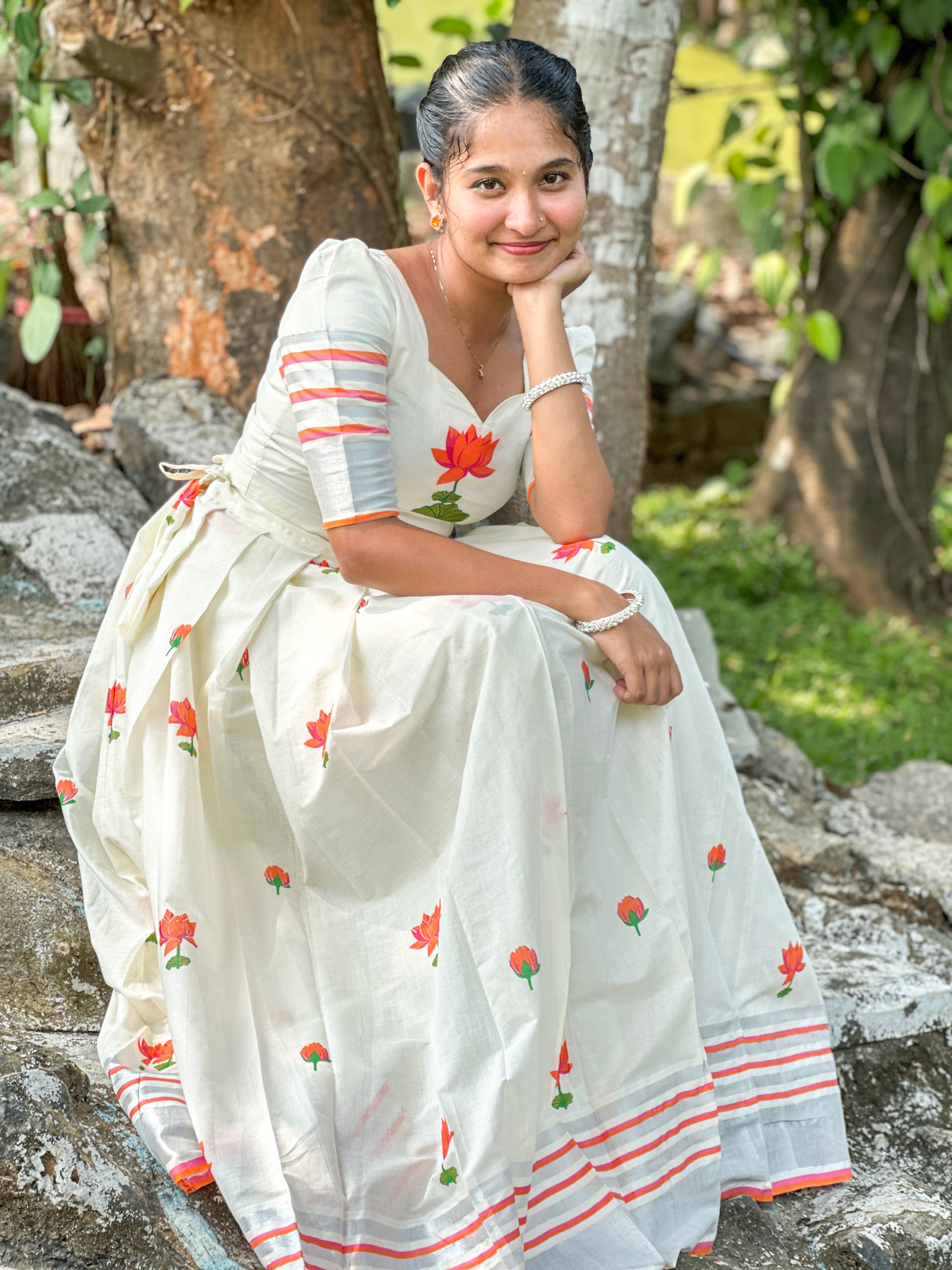 Lotus Printed Top & Skirt Set – Orange with Silver Kasavu Border
