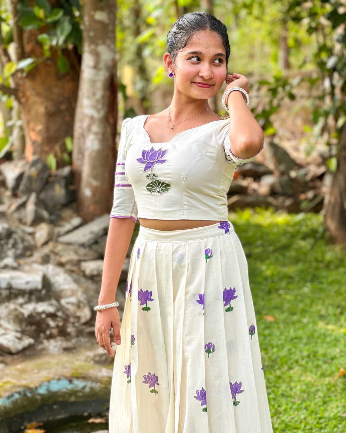 Lotus Printed Top & Skirt Set - Violet With Silver Kasavu Border