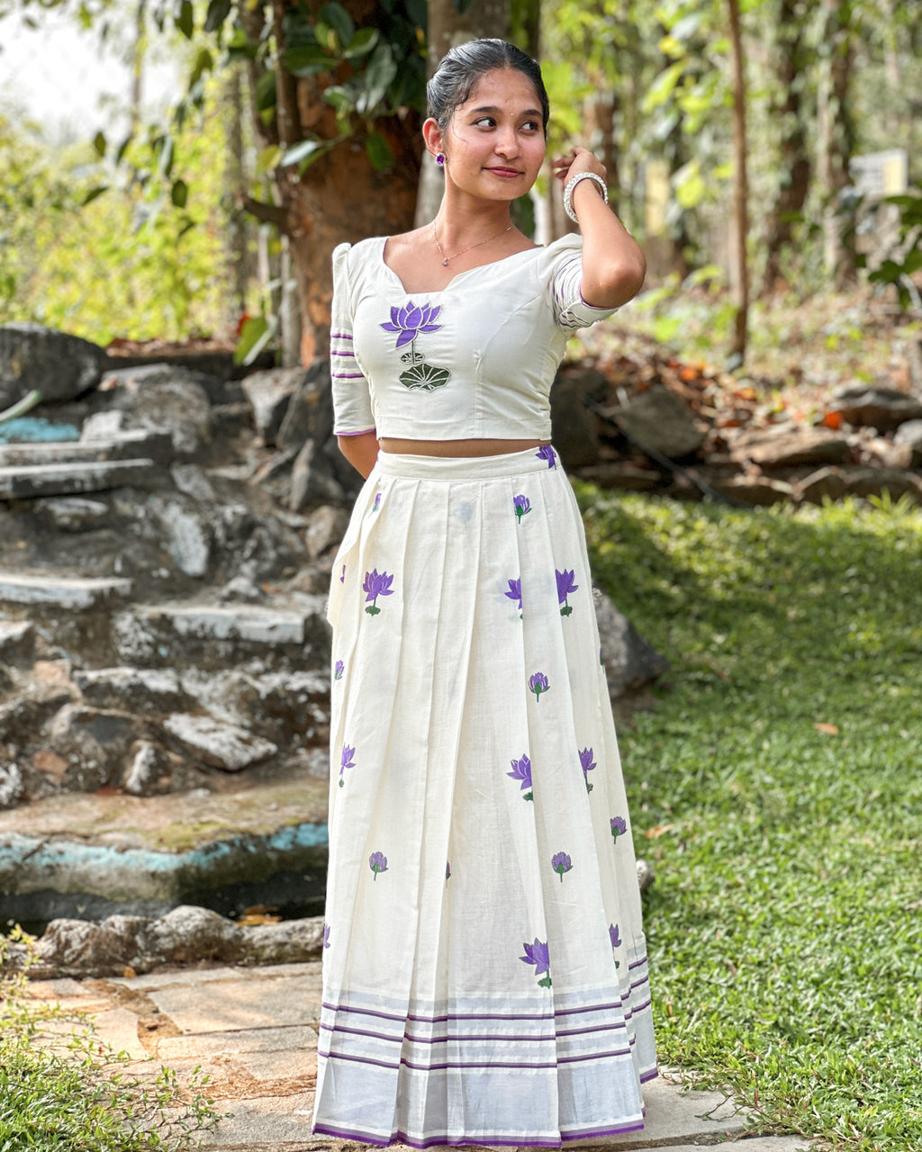 Lotus Printed Top & Skirt Set - Violet With Silver Kasavu Border