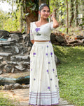 Lotus Printed Top & Skirt Set - Violet With Silver Kasavu Border