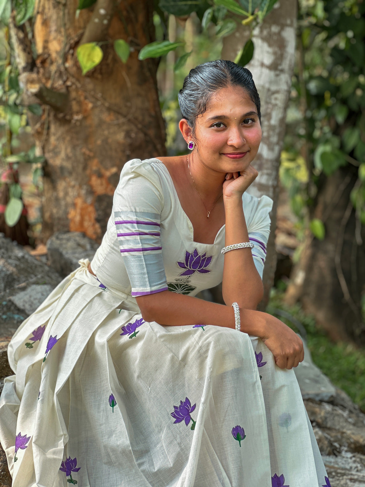 Lotus Printed Top & Skirt Set - Violet With Silver Kasavu Border
