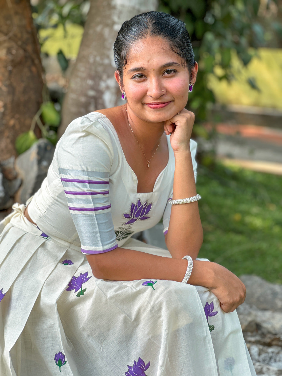 Lotus Printed Top & Skirt Set - Violet With Silver Kasavu Border