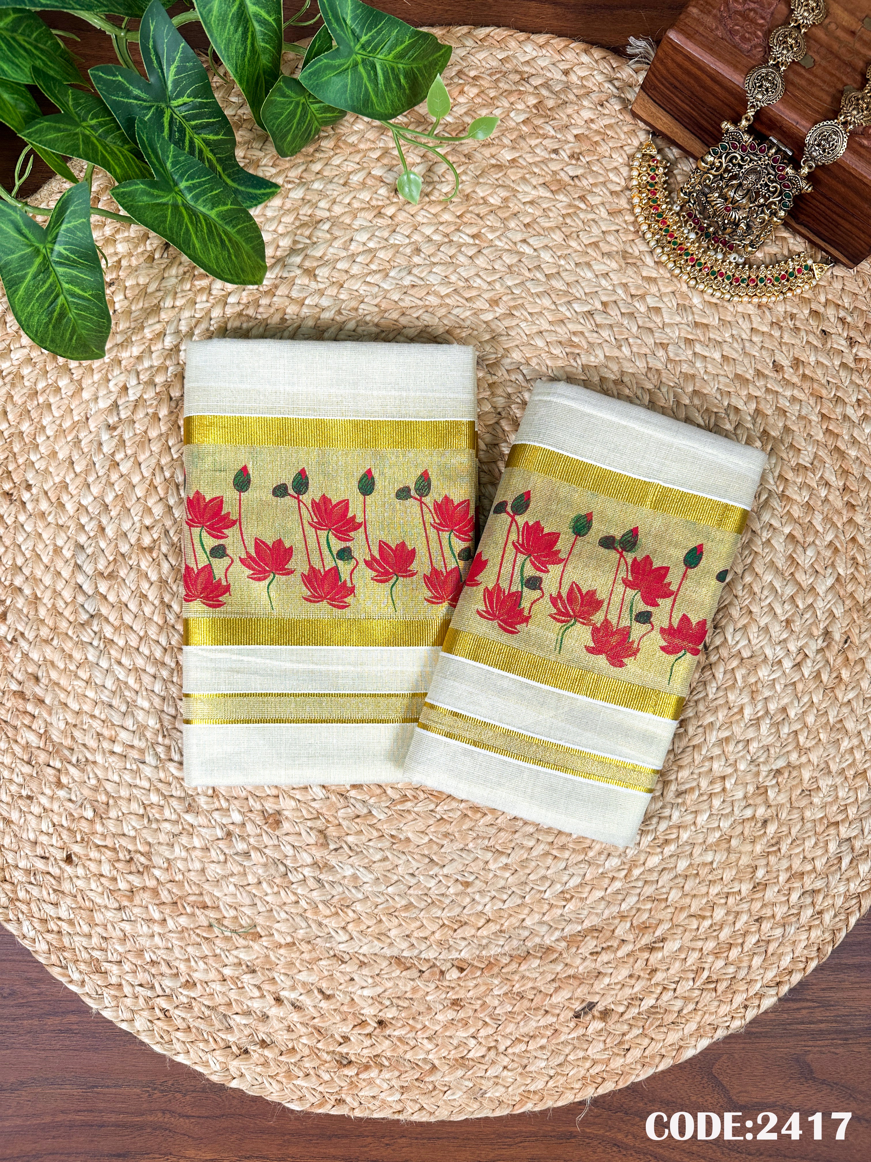 Golden Tissue Lotus Printed Set Mundu
