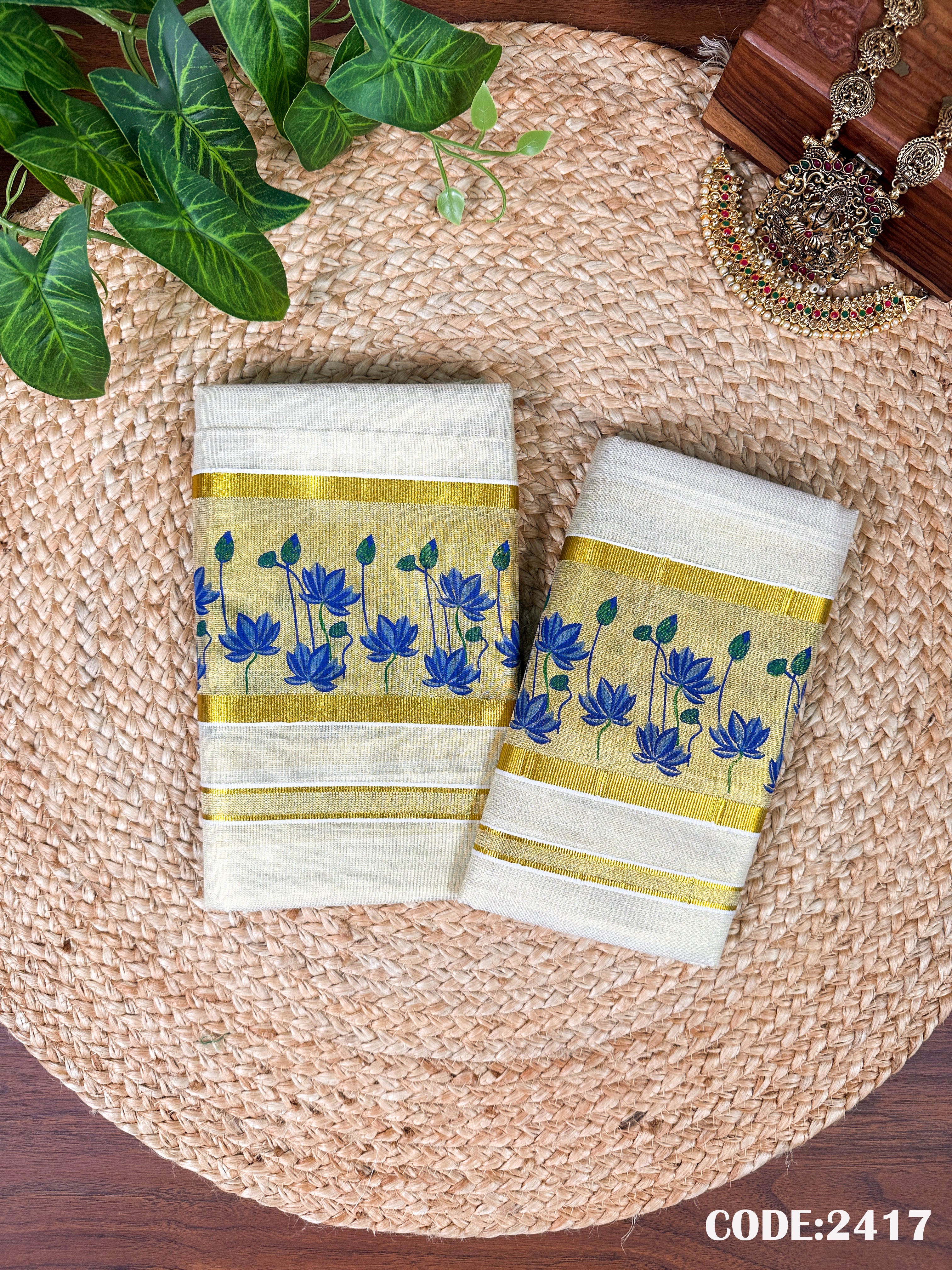 Golden Tissue Lotus Printed Set Mundu