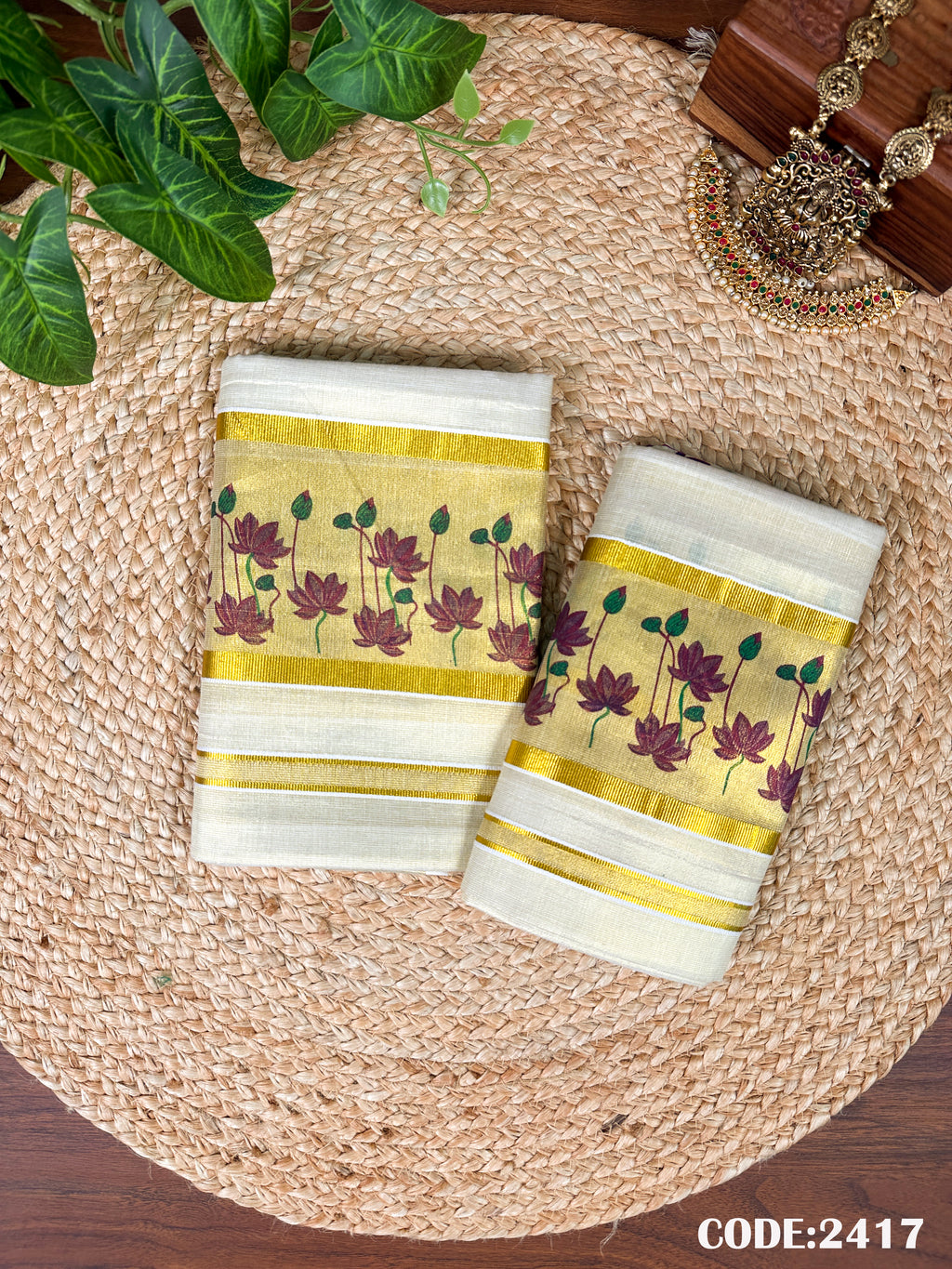 Golden Tissue Lotus Printed Set Mundu