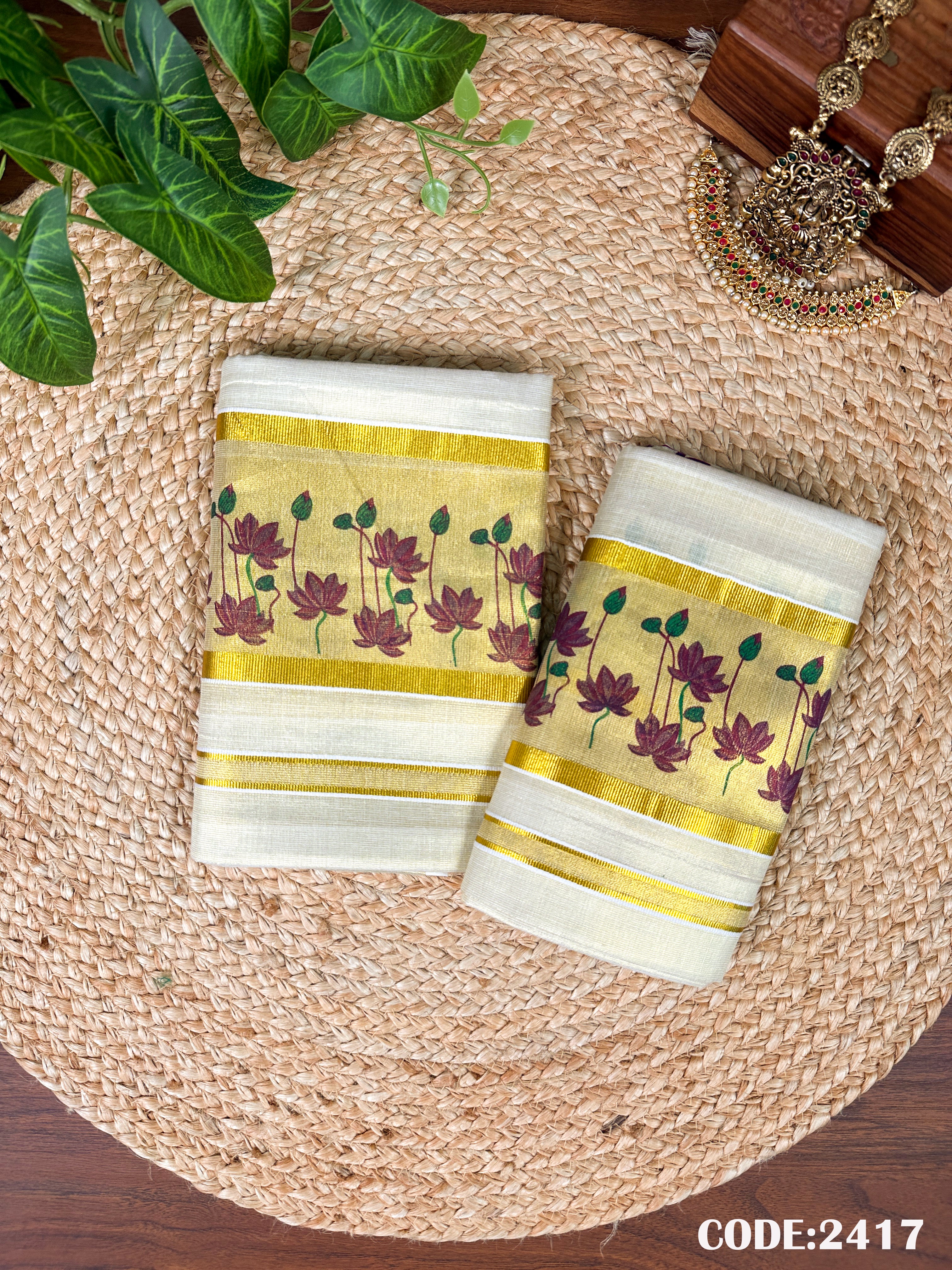 Golden Tissue Lotus Printed Set Mundu
