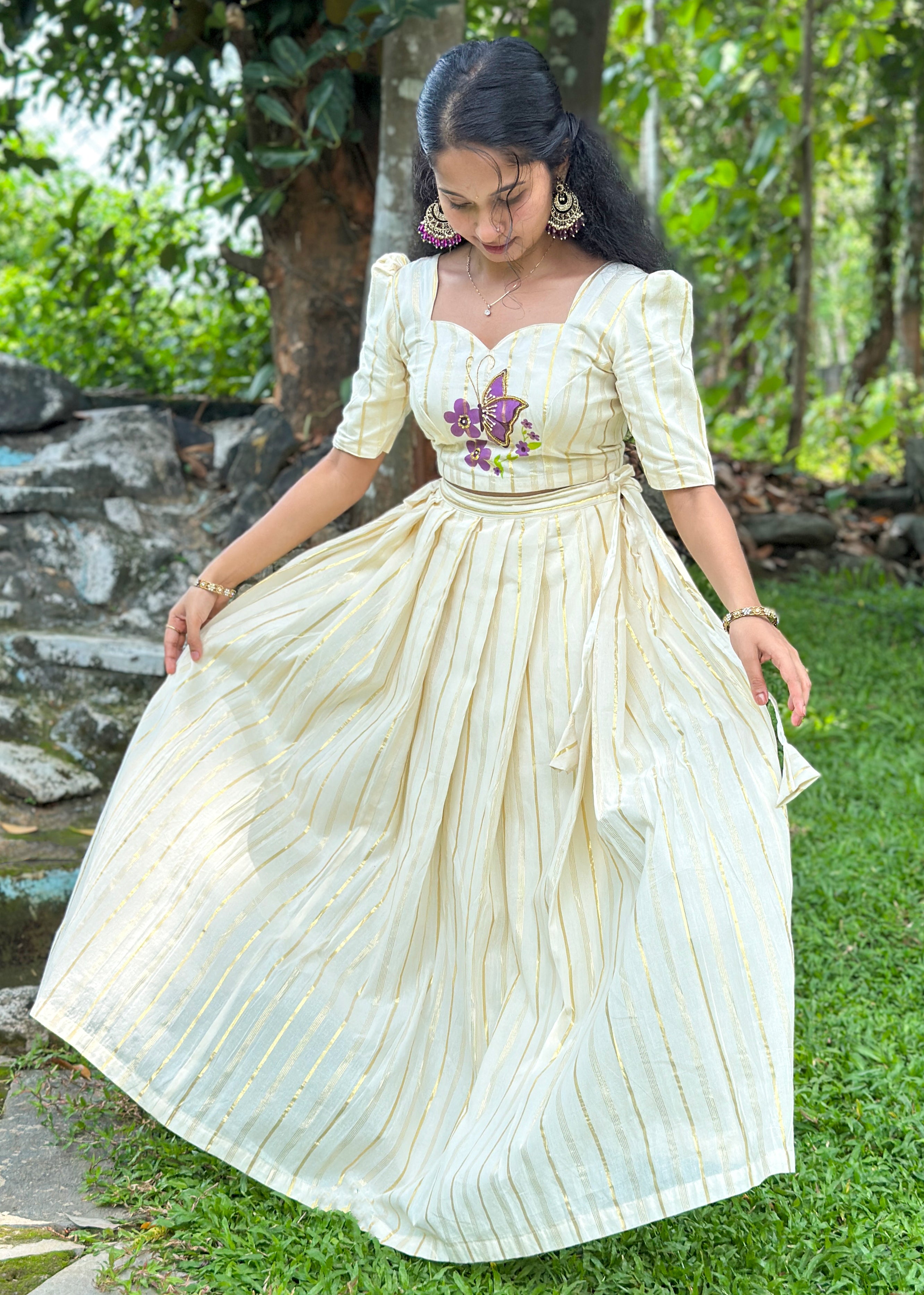 Butterfly Printed Aari Work Top & Skirt