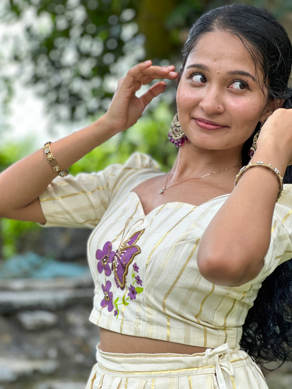Butterfly Printed Aari Work Top & Skirt