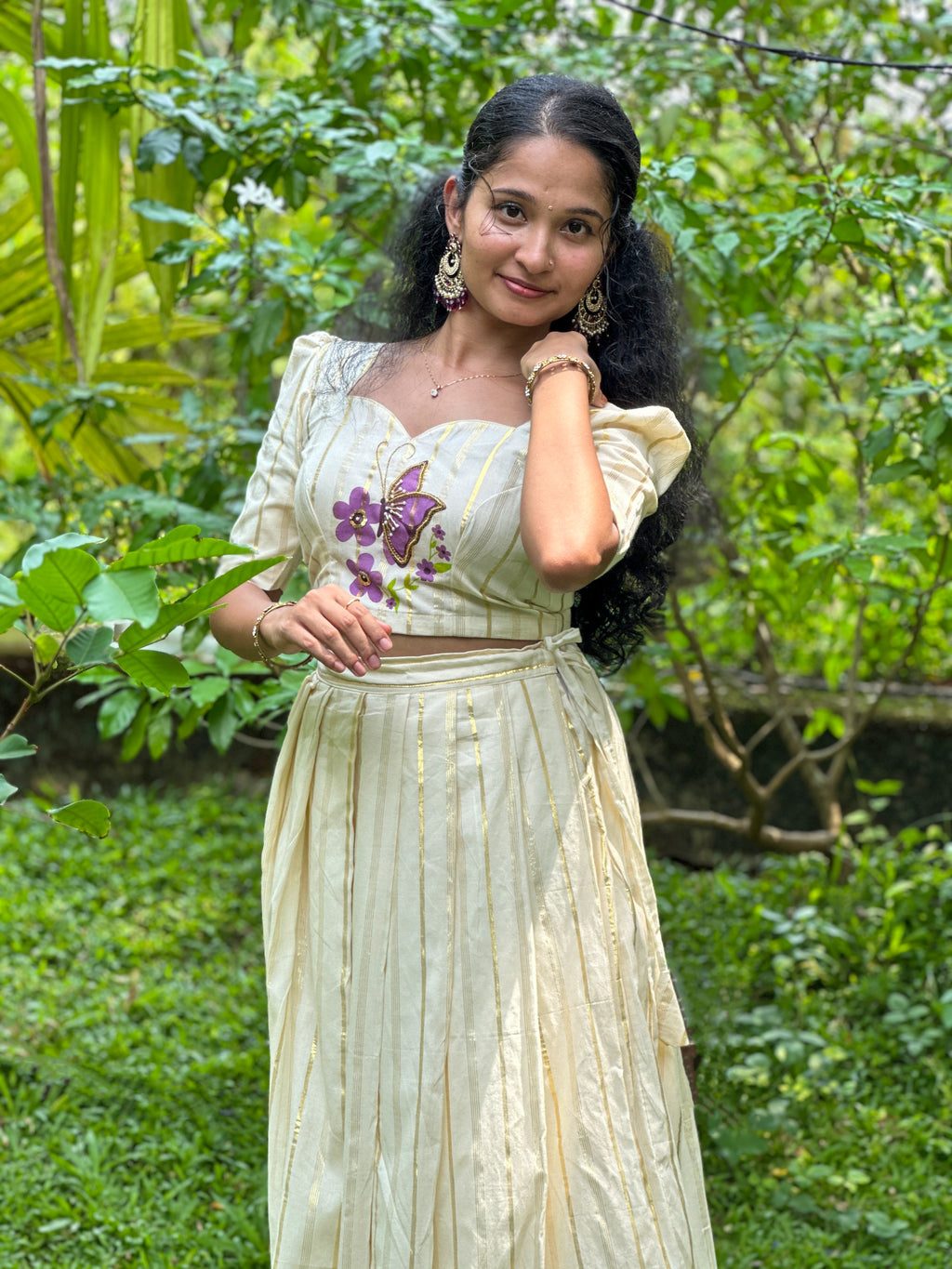 Butterfly Printed Aari Work Top & Skirt
