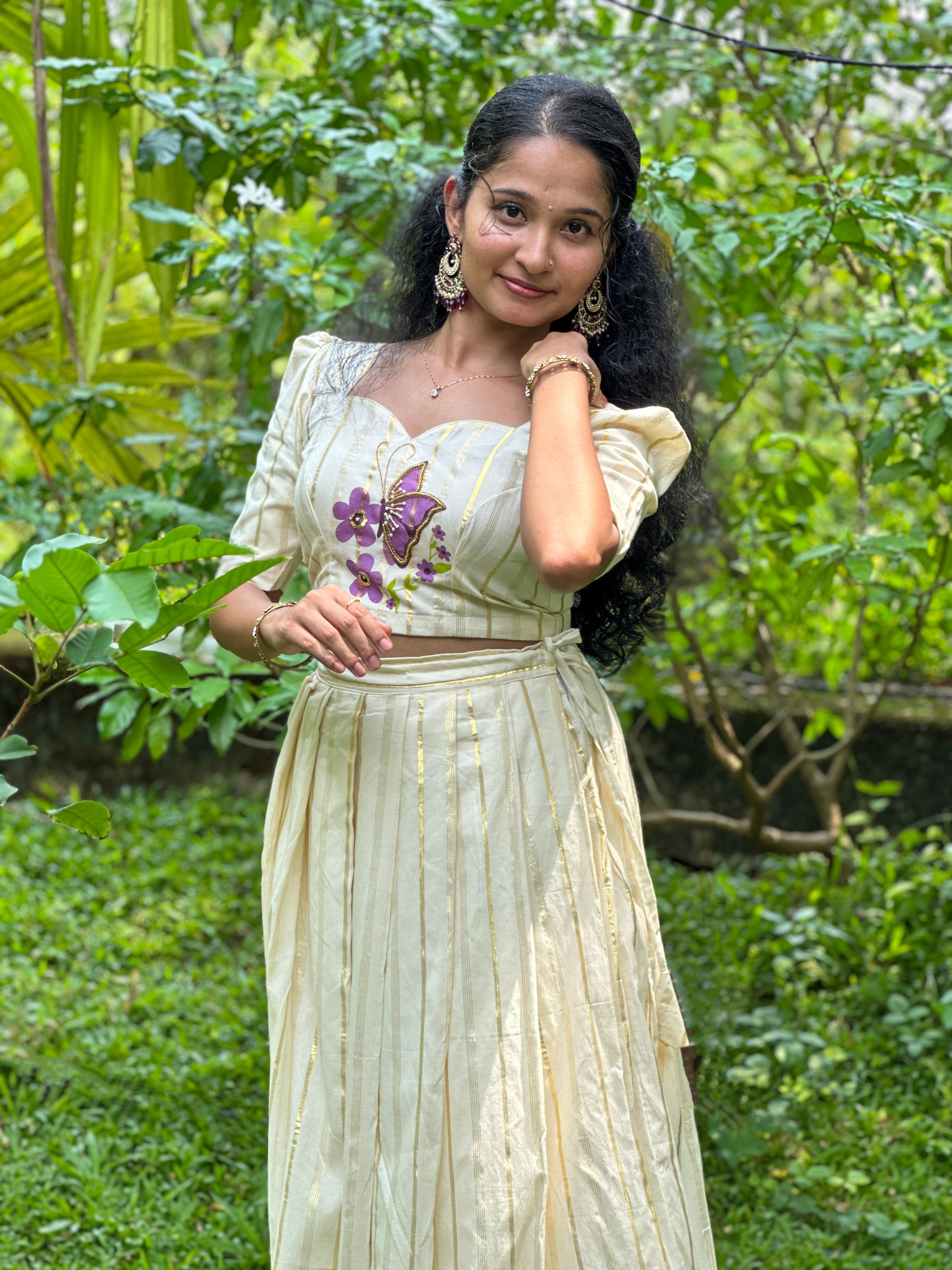 Butterfly Printed Aari Work Top & Skirt