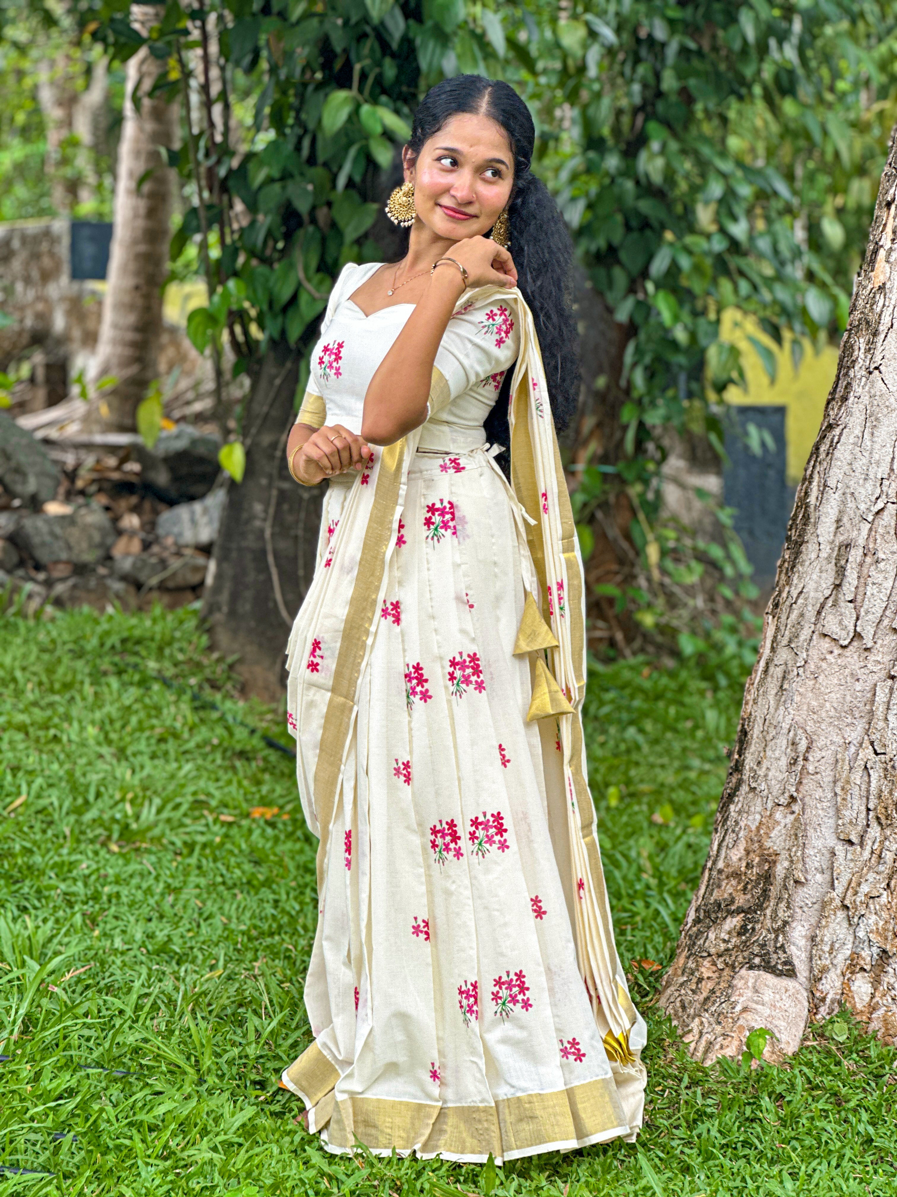 Hand-Printed Cotton Half Saree