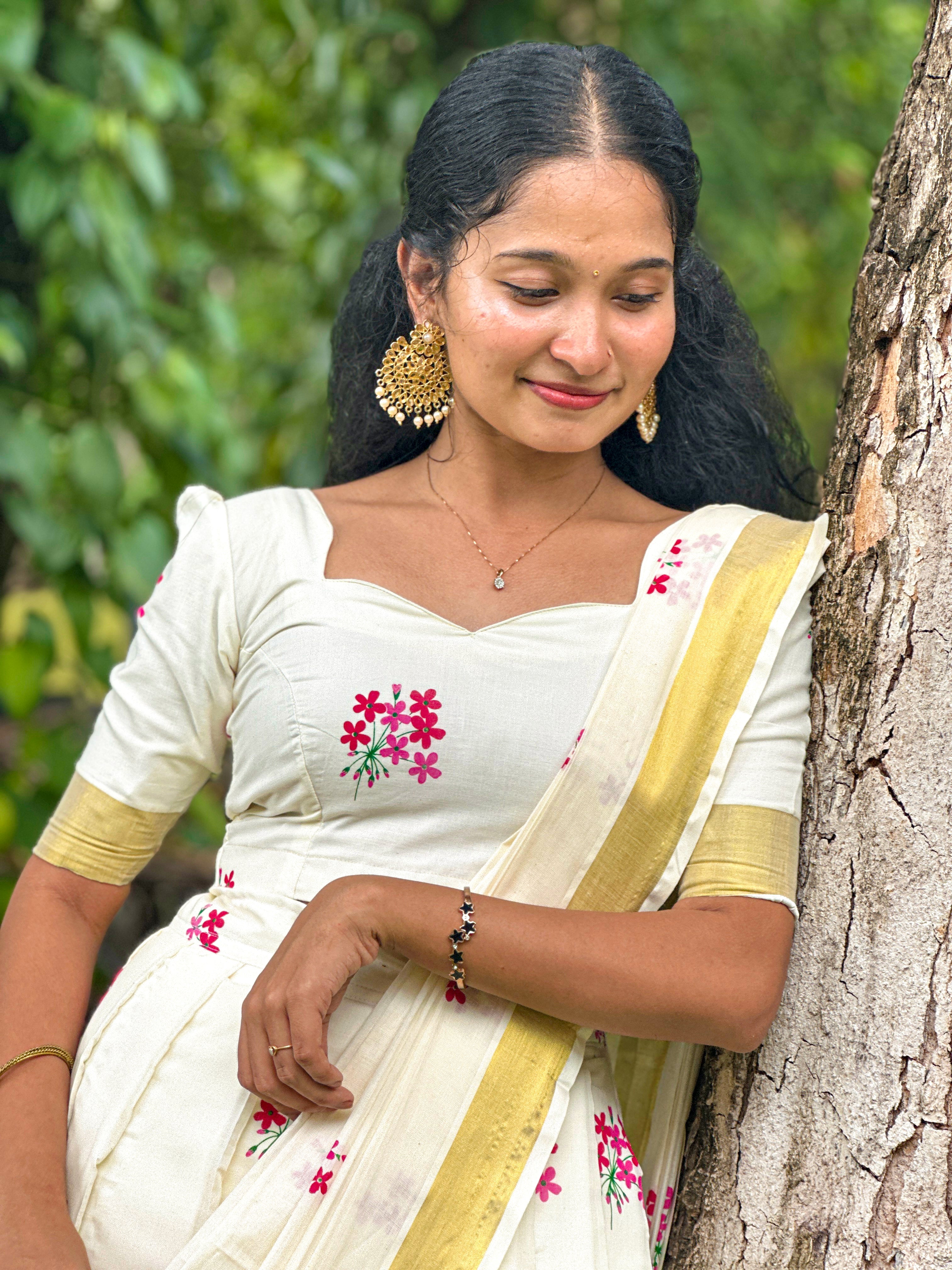 Hand-Printed Cotton Half Saree