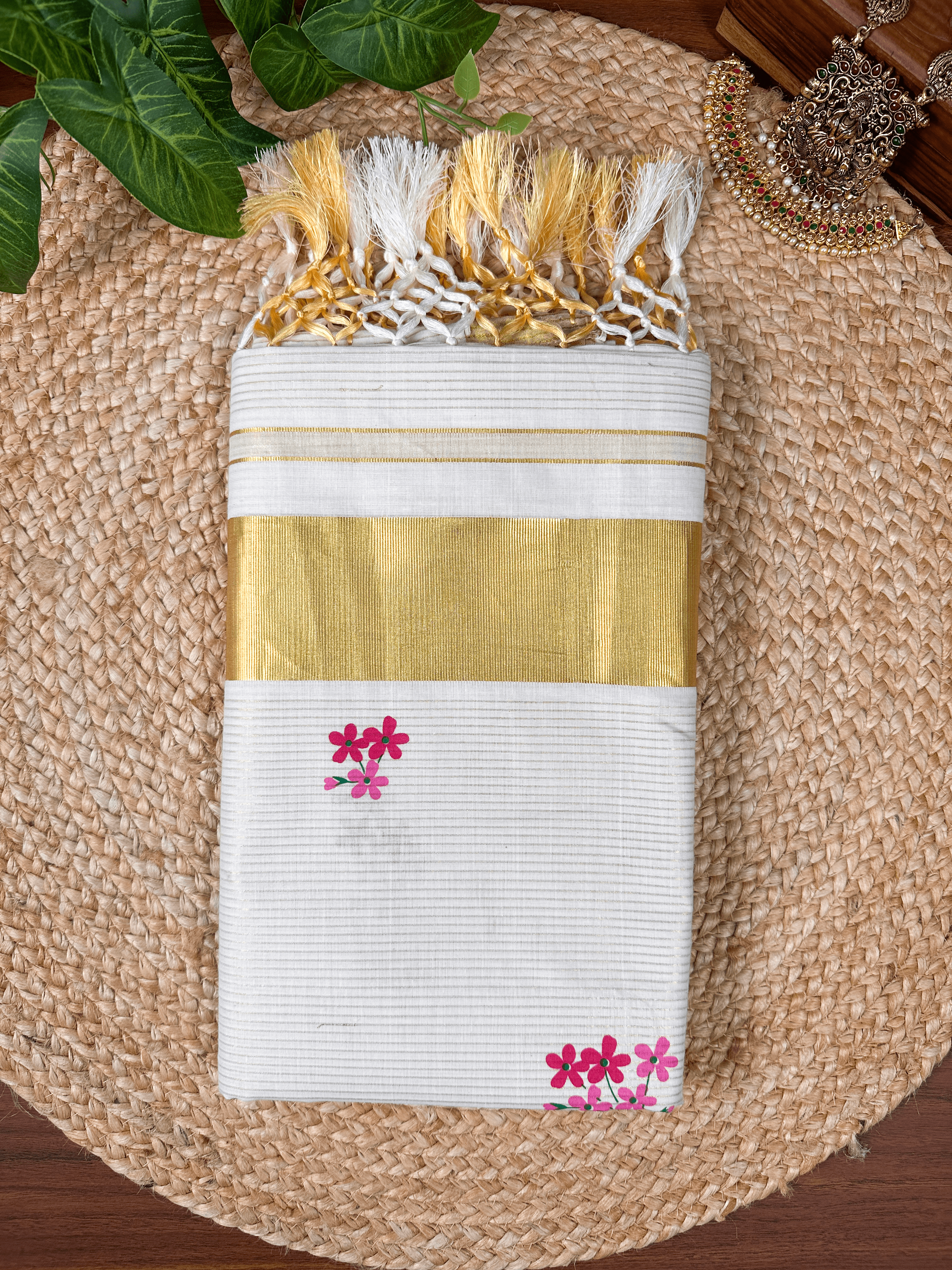 Cotton Half Fine Stripe Kasavu Set Saree