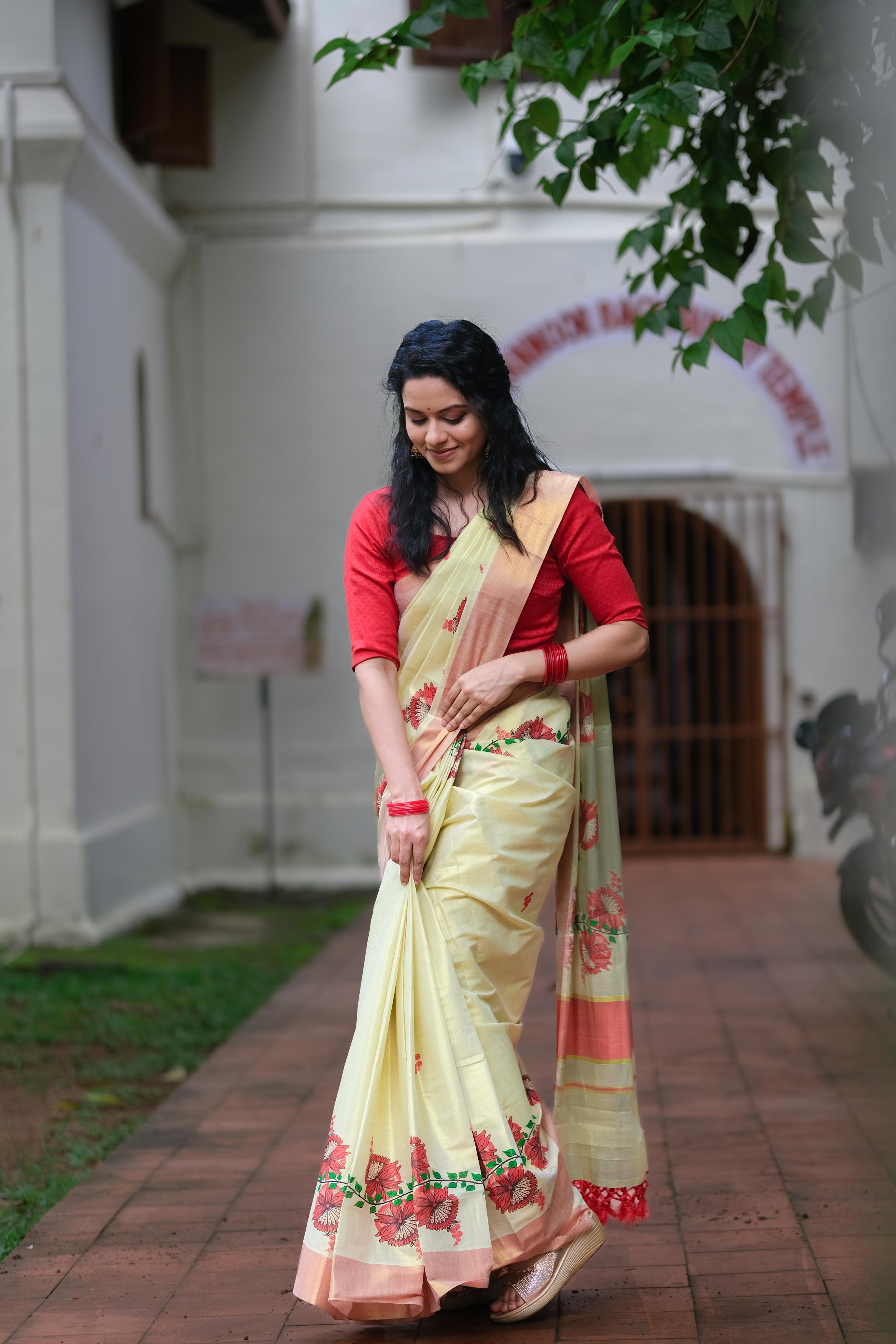 Golden Tissue Printed Set Saree