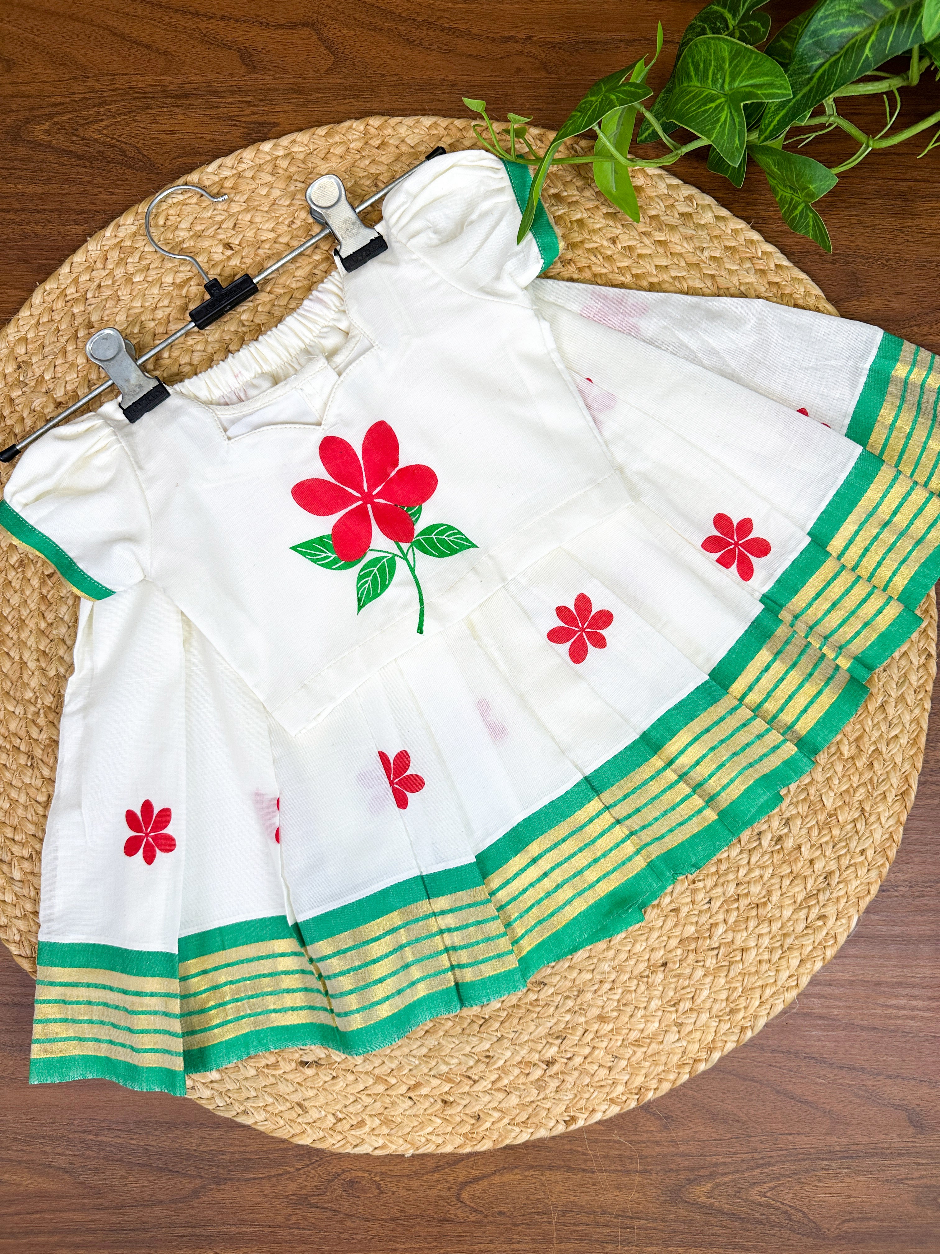 Cotton Top & Skirt with Green Kasavu Border