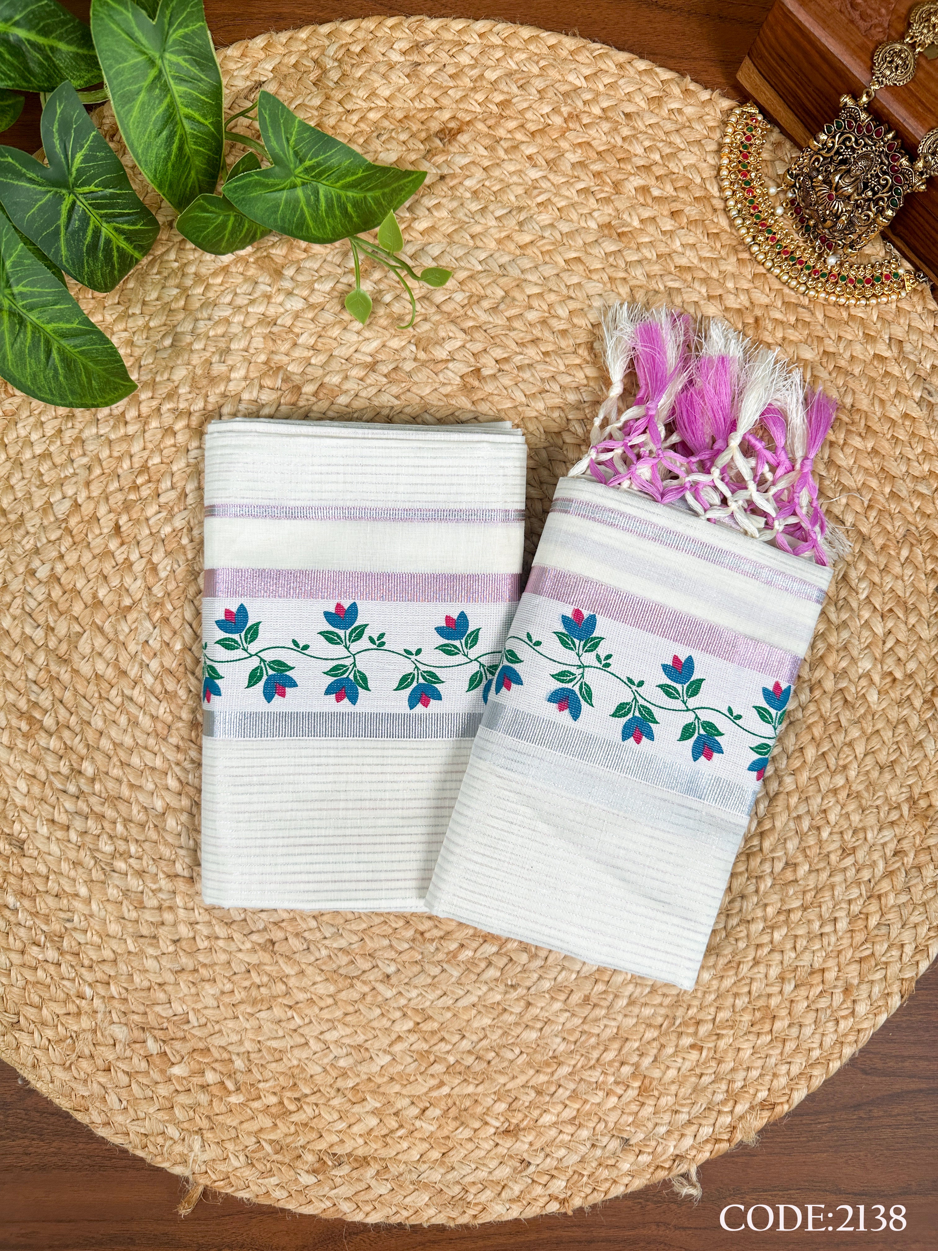 3"Cotton Silver+Pink line SS With Kunjalam Tri  clr Malarvaadi print