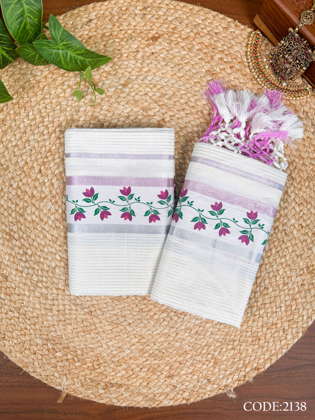 3"Cotton Silver+Pink line SS With Kunjalam Tri  clr Malarvaadi print