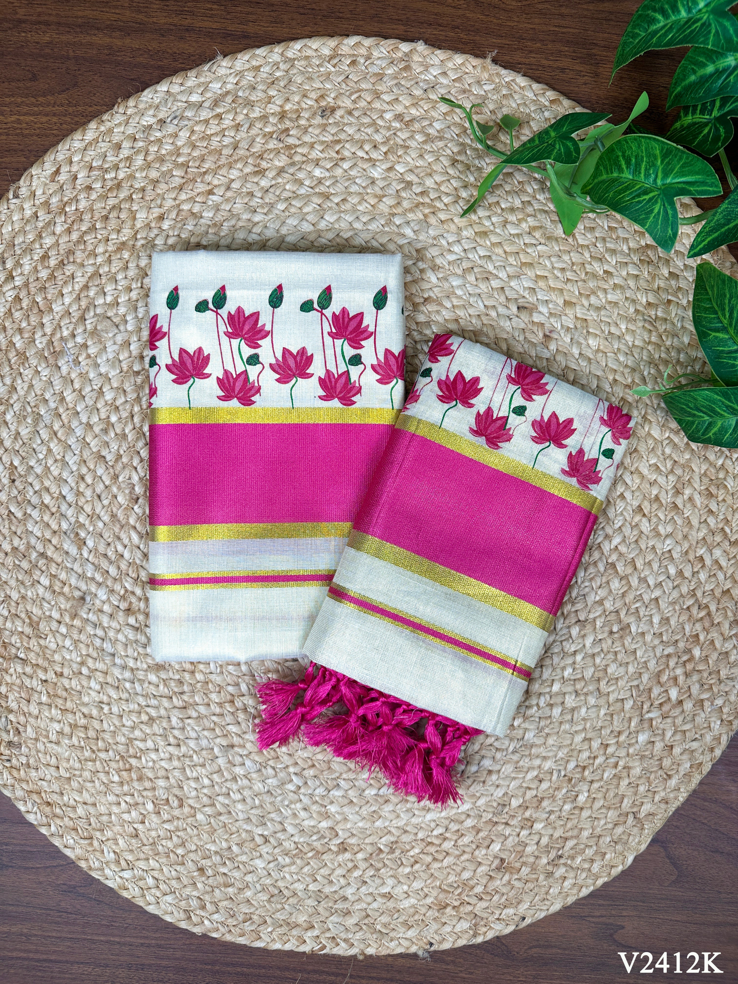 Lotus Printed Tissue Set Mundu