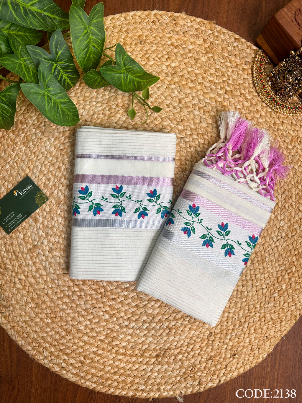 3"Cotton Silver+Pink line SS With Kunjalam Tri  clr Malarvaadi print