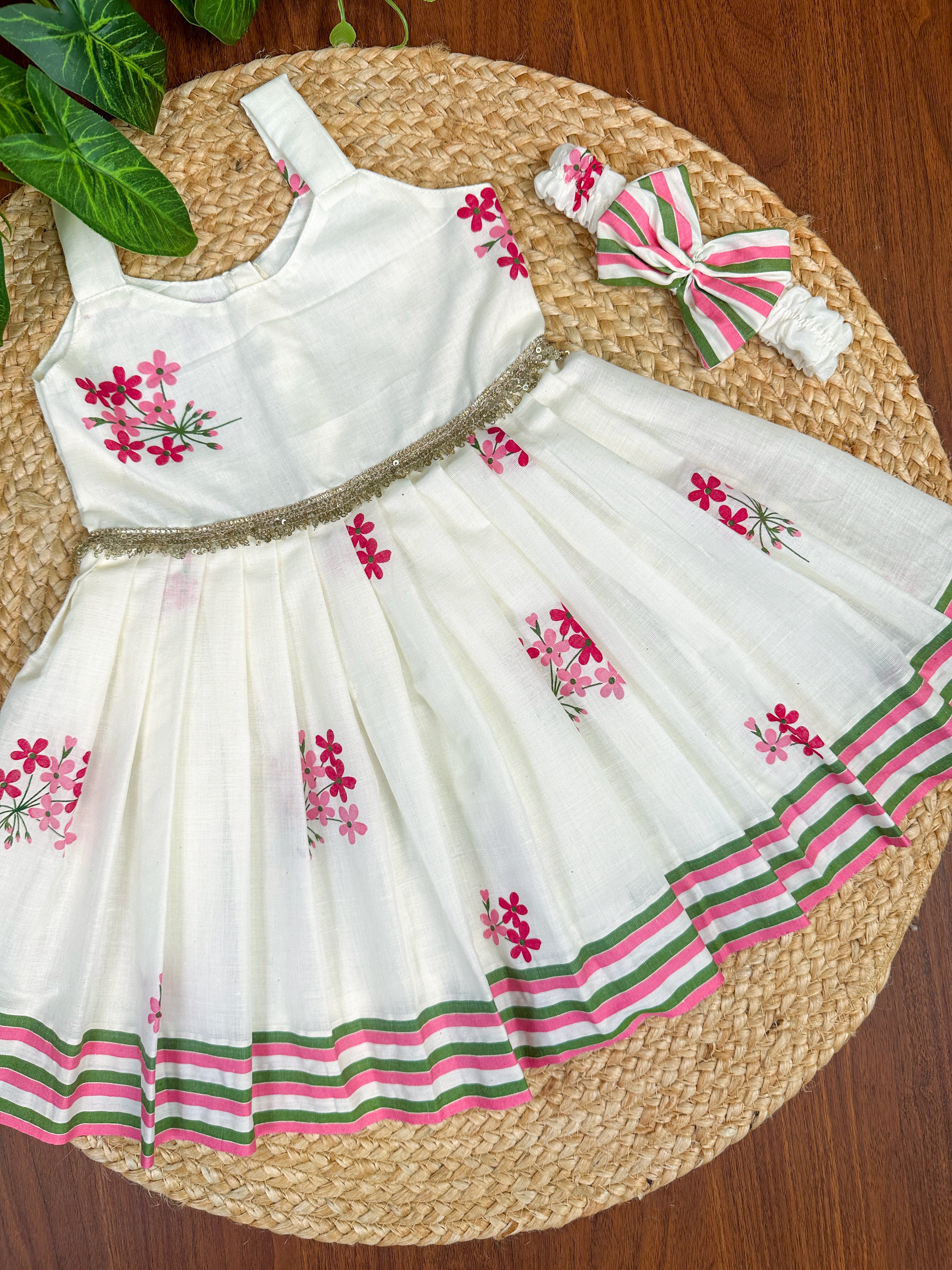 Floral Printed Cotton Kids Frock with Lace Waist & Stripe Border