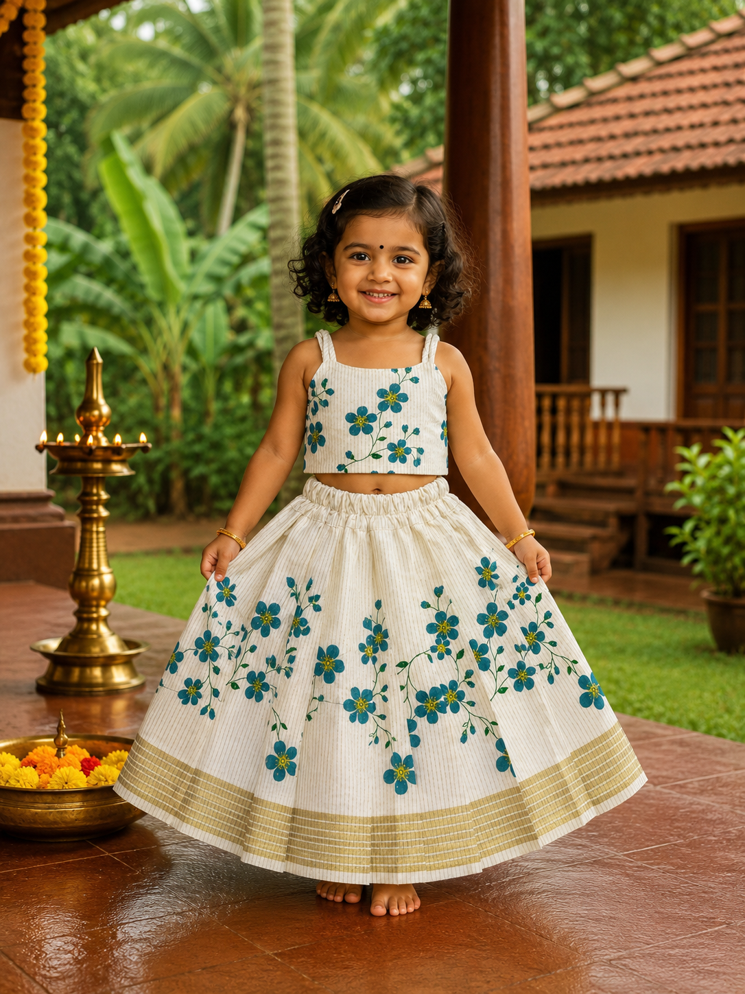 Kasavu Border Floral Top & Skirt Set