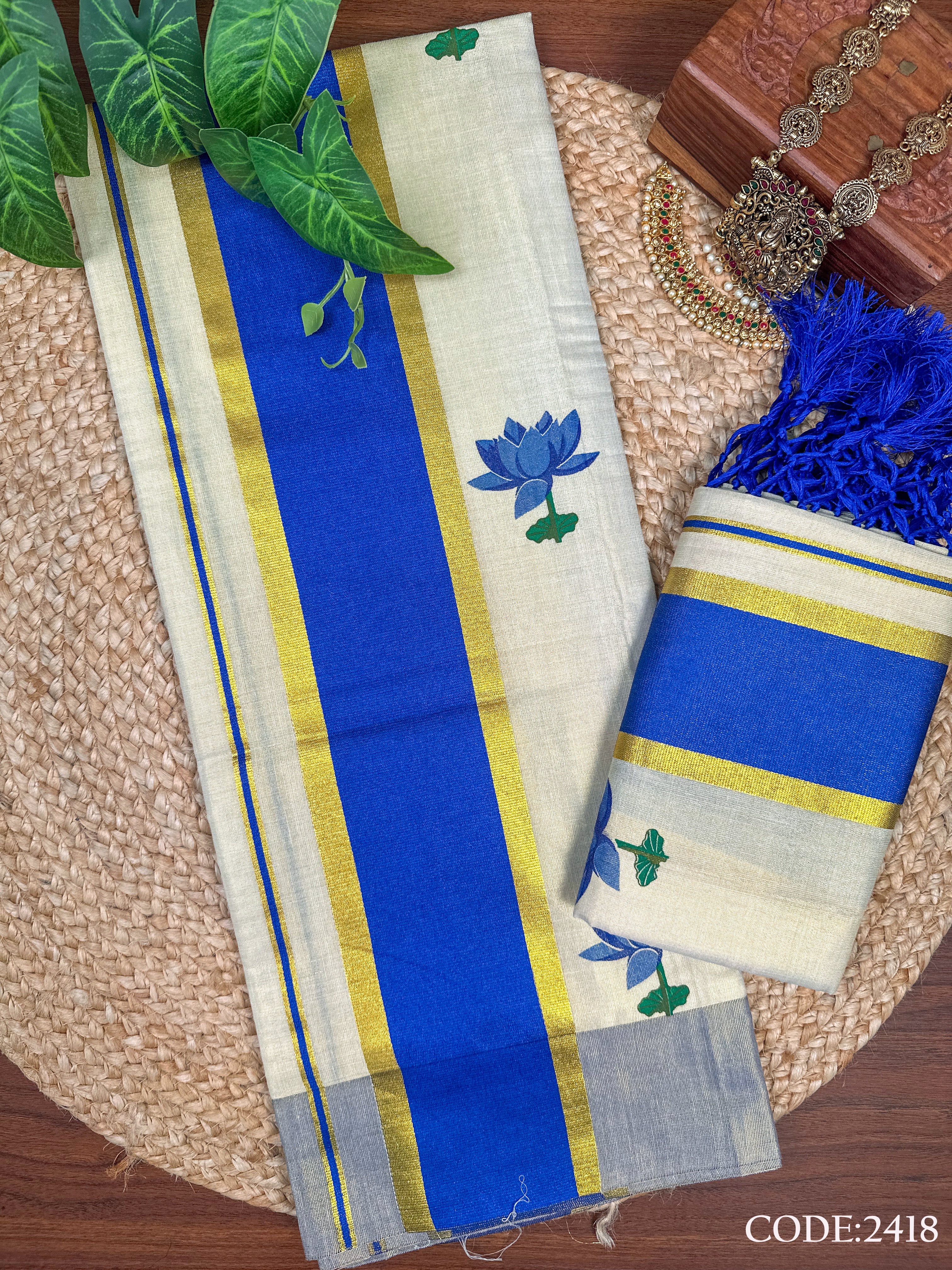 4" GT Kottaran Lotus Print Set Mundu