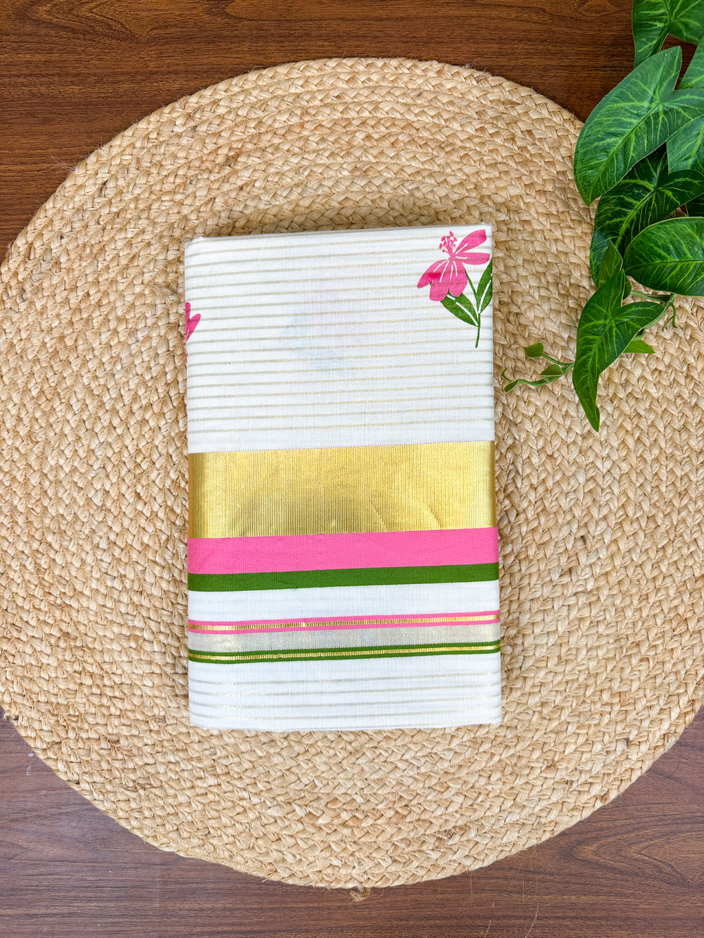 Pink Floral Cotton Kasavu Saree with Green and pink Border