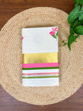 Pink Floral Cotton Kasavu Saree with Green and pink Border
