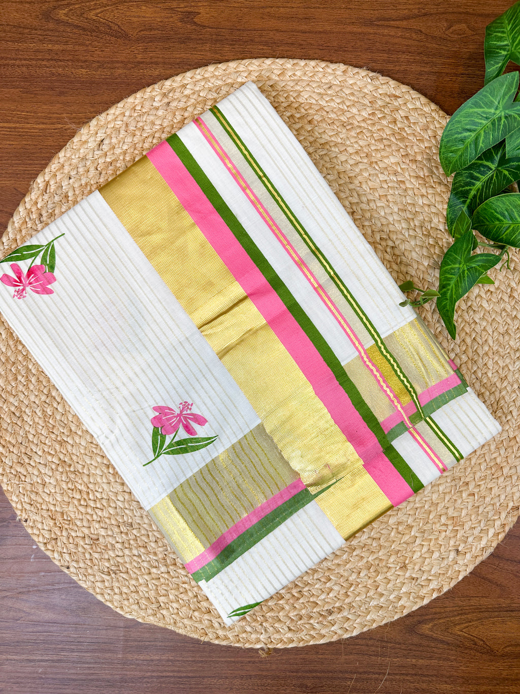 Pink Floral Cotton Kasavu Saree with Green and pink Border
