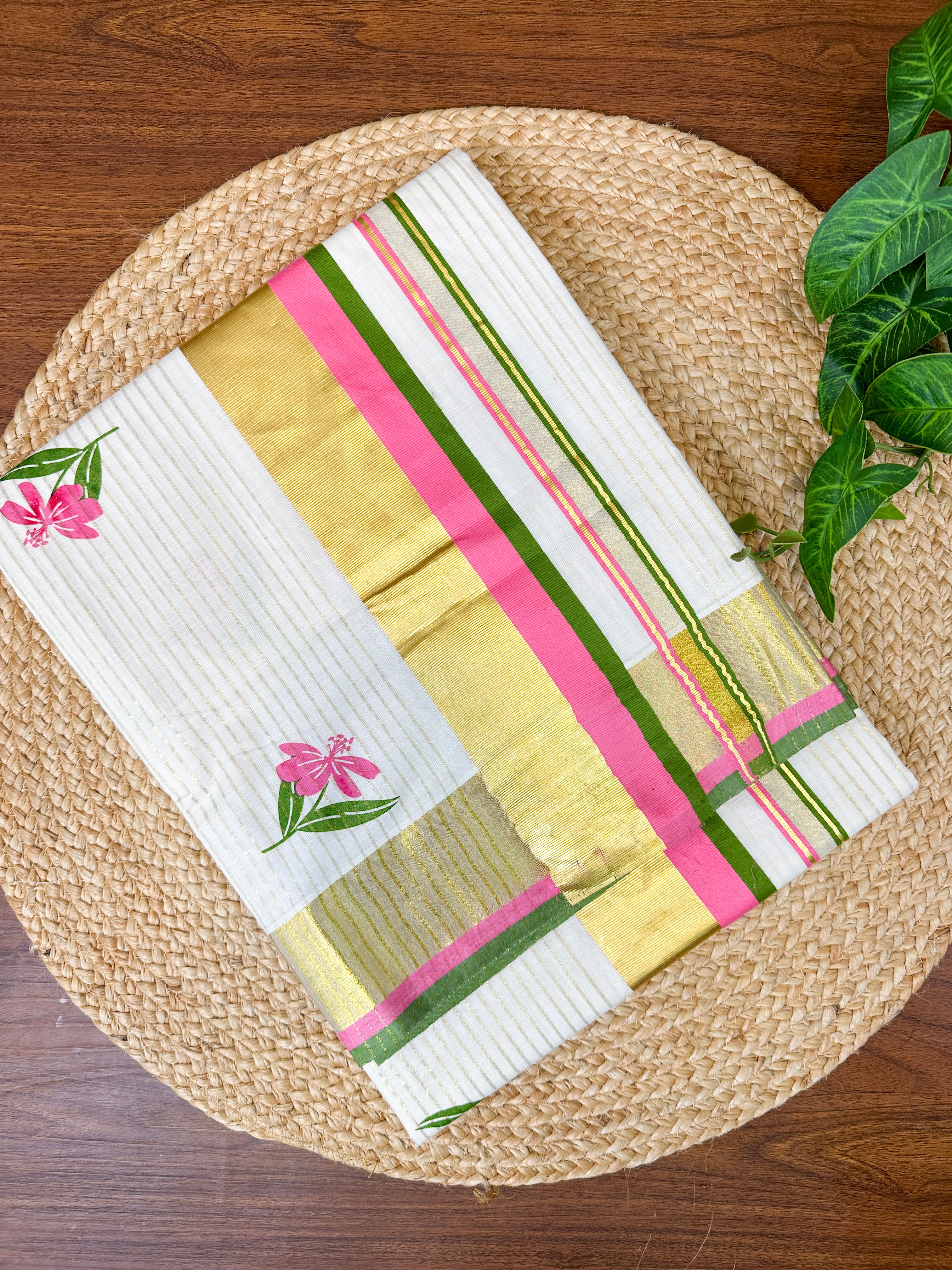 Pink Floral Cotton Kasavu Saree with Green and pink Border