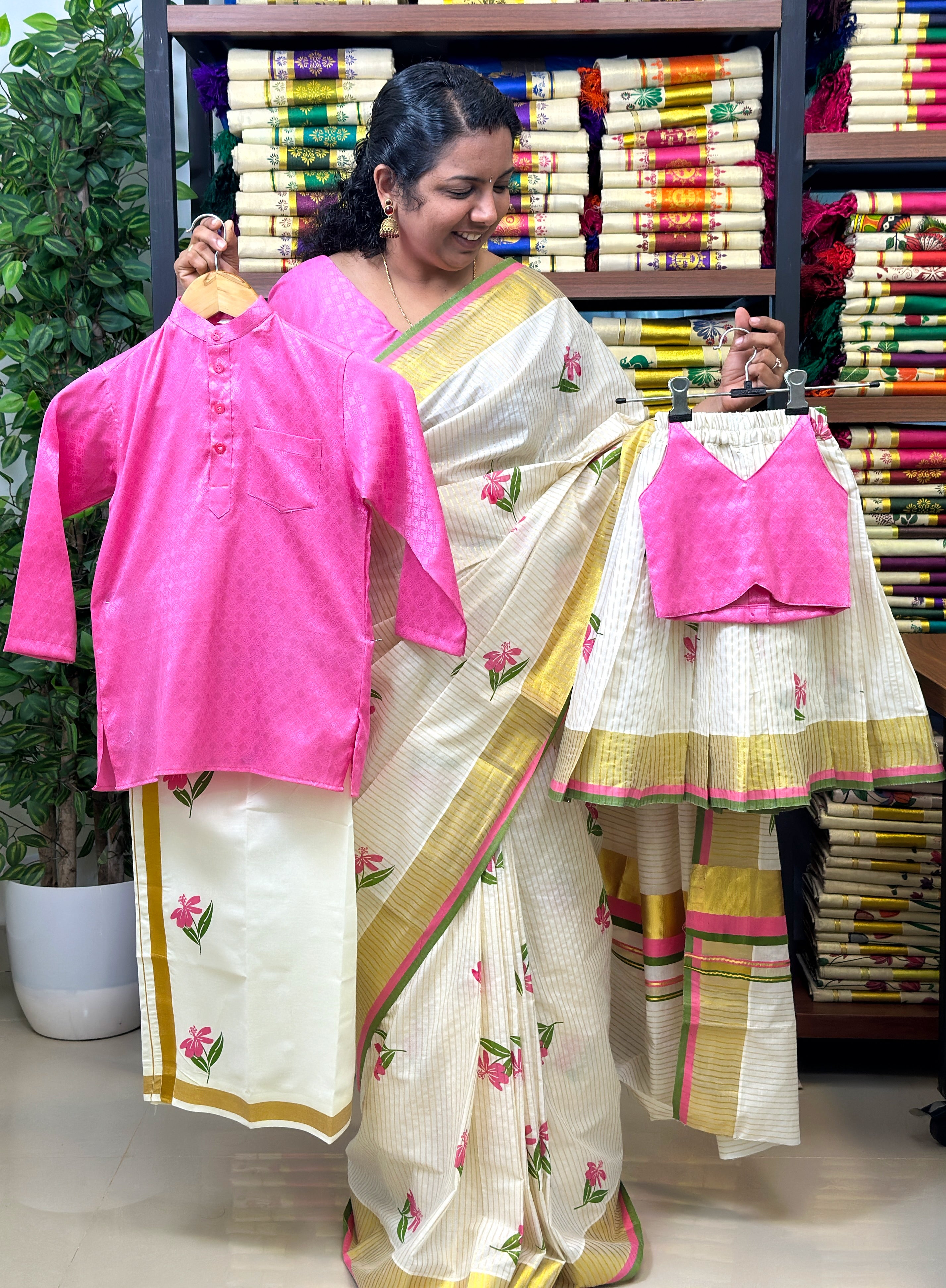 Villwaa Pink Blossom Family Combo – Kerala Traditional Matching Outfit Set