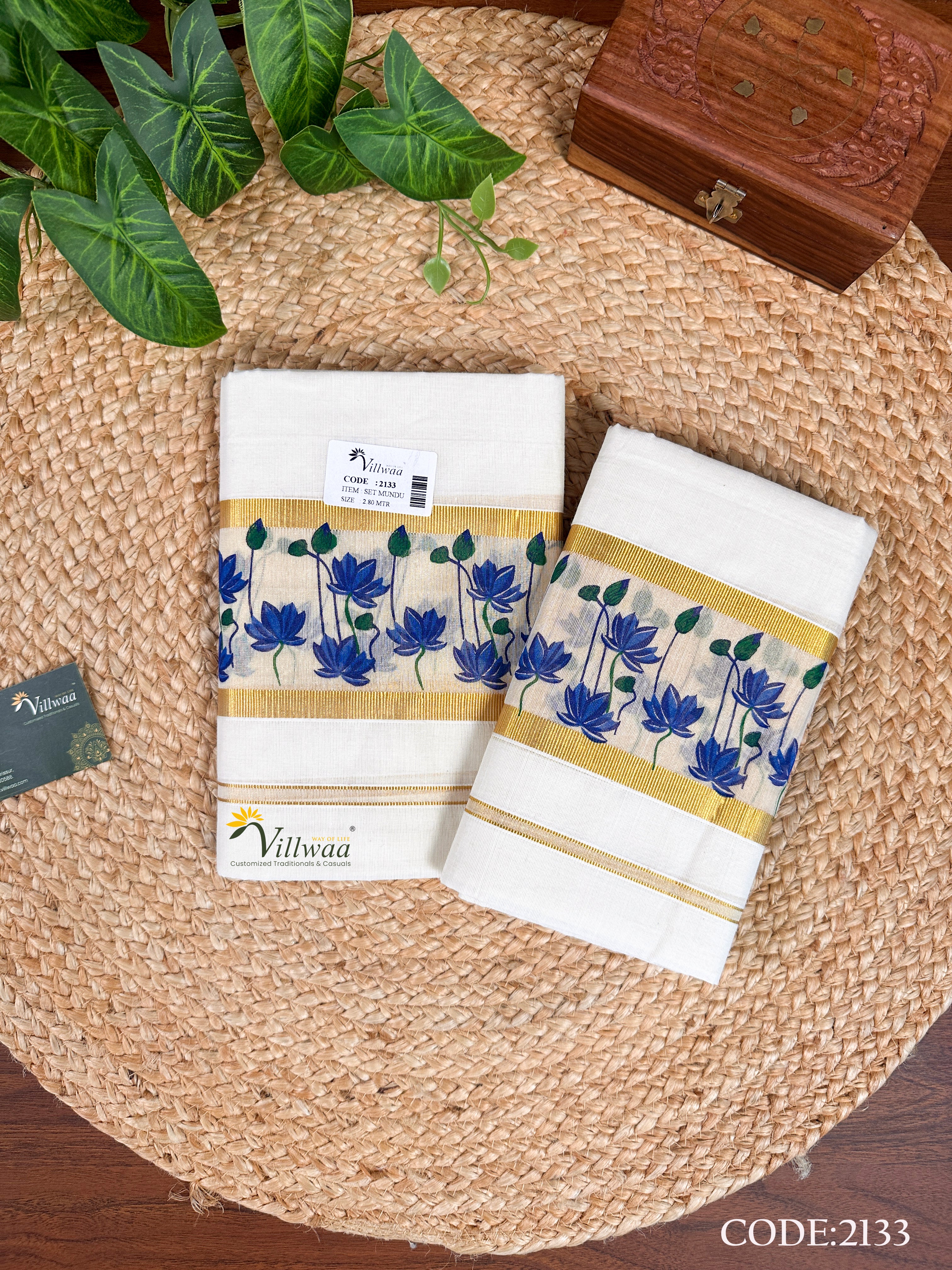Cotton Kasavu Small Lotus Print Set Mundu