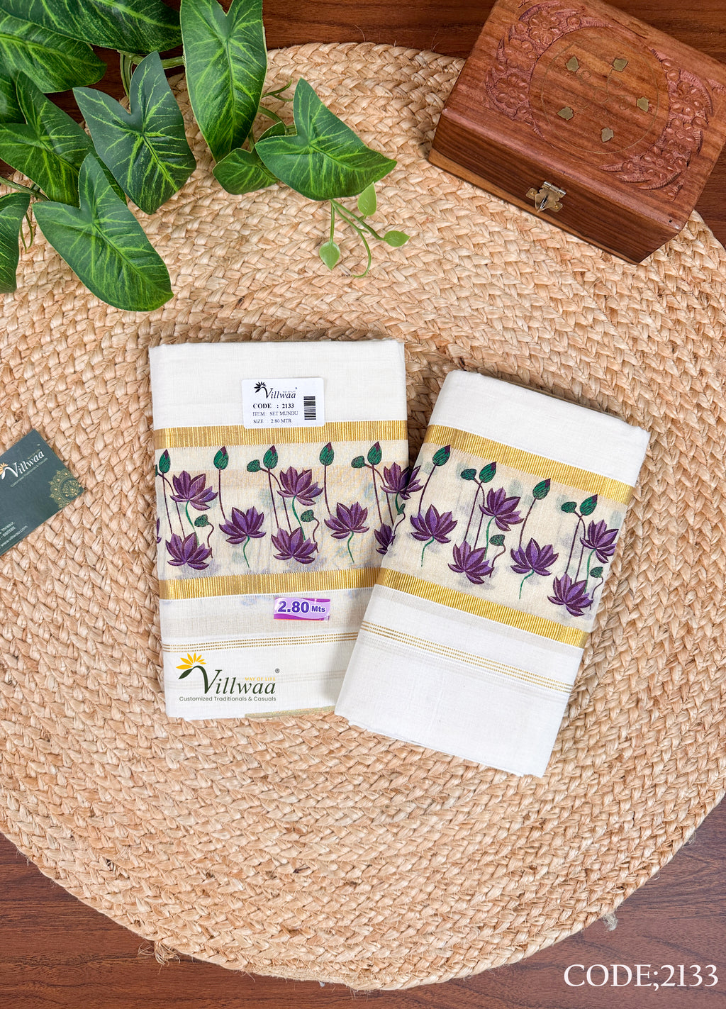 Cotton Kasavu Small Lotus Print Set Mundu