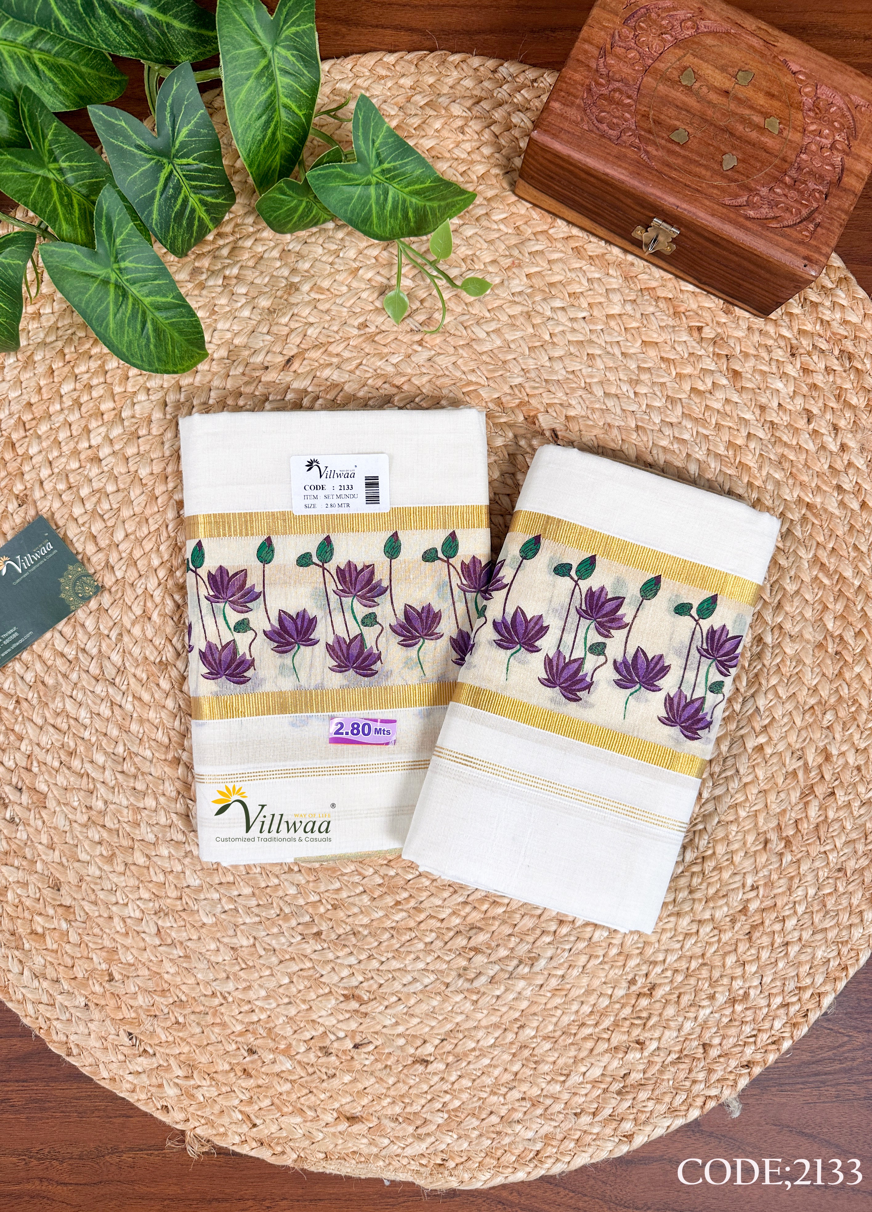 Cotton Kasavu Small Lotus Print Set Mundu