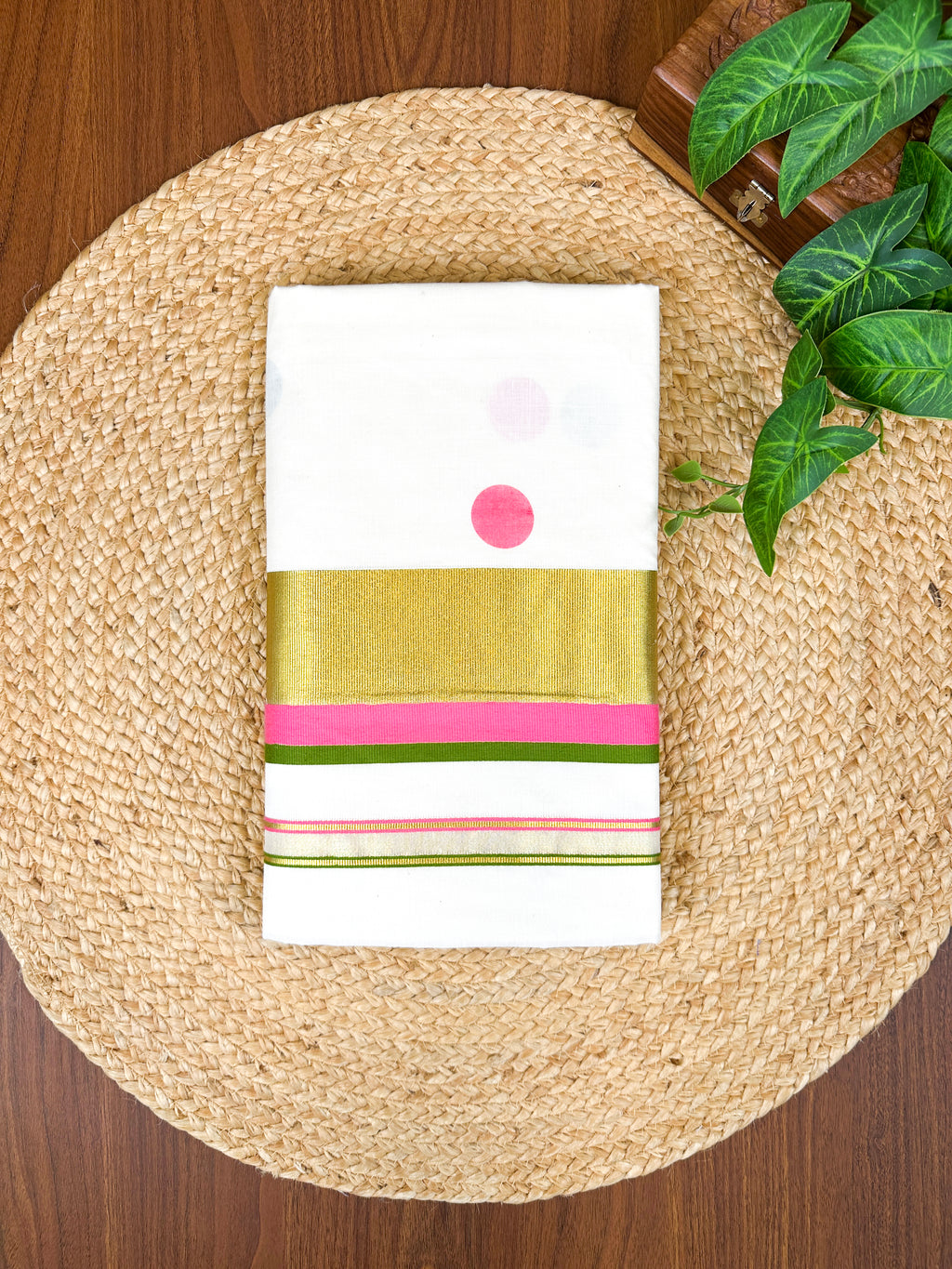 Golden Kasavu Polka Print Cotton Saree