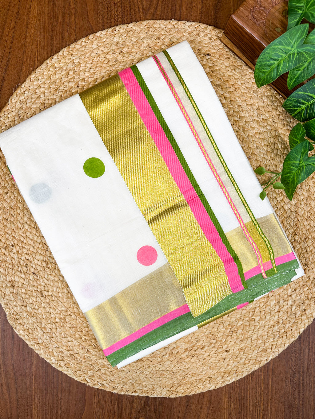 Golden Kasavu Polka Print Cotton Saree