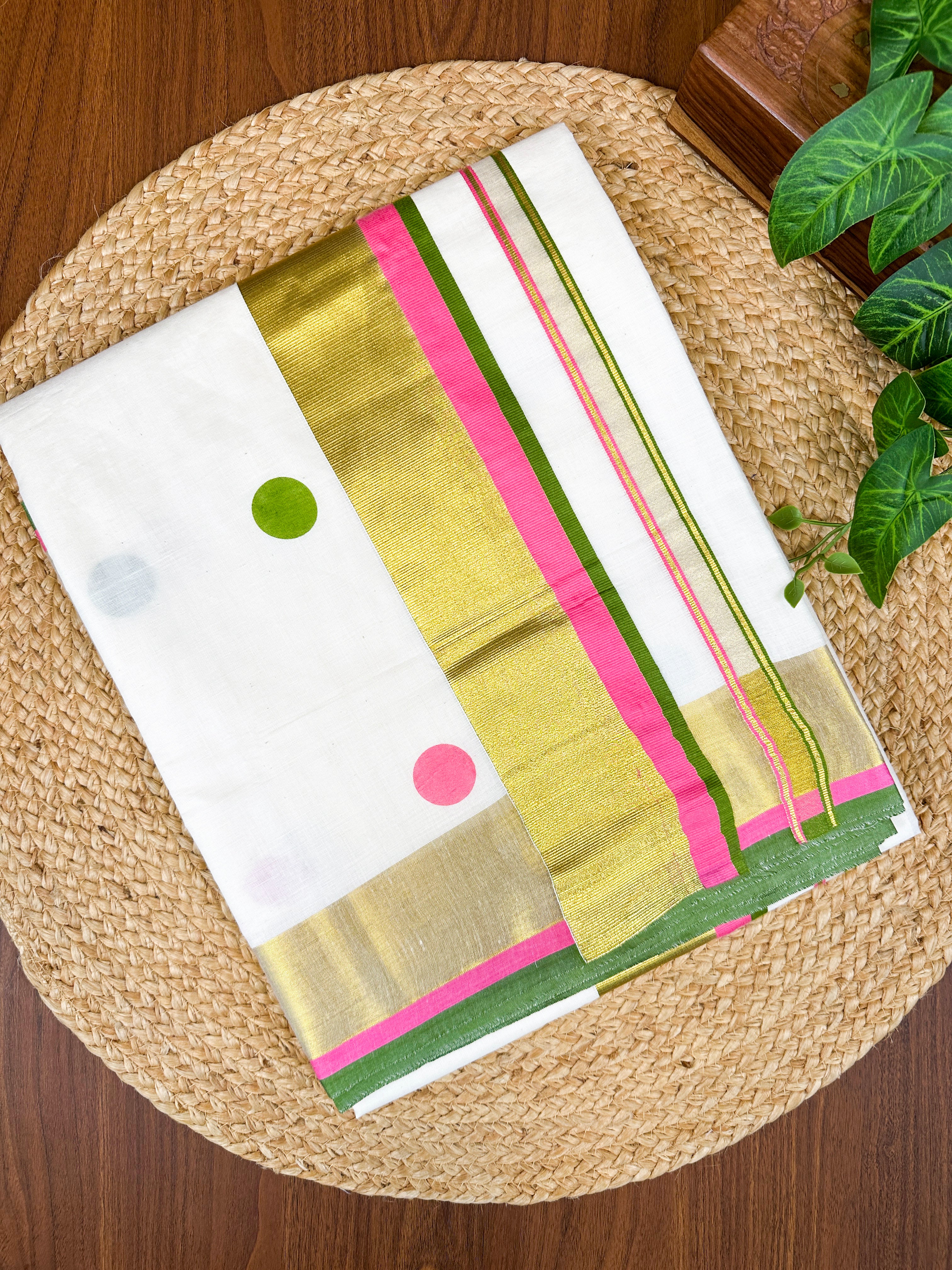 Golden Kasavu Polka Print Cotton Saree
