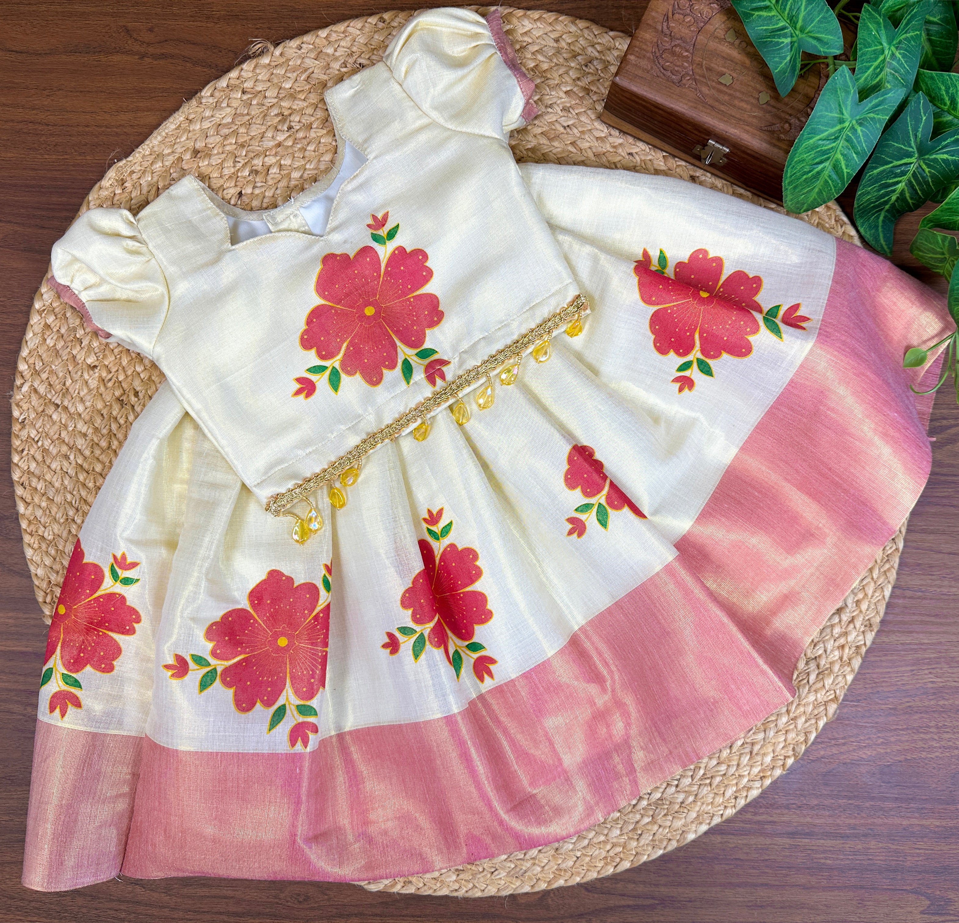 Traditional Kerala Floral Kids Top & Skirt