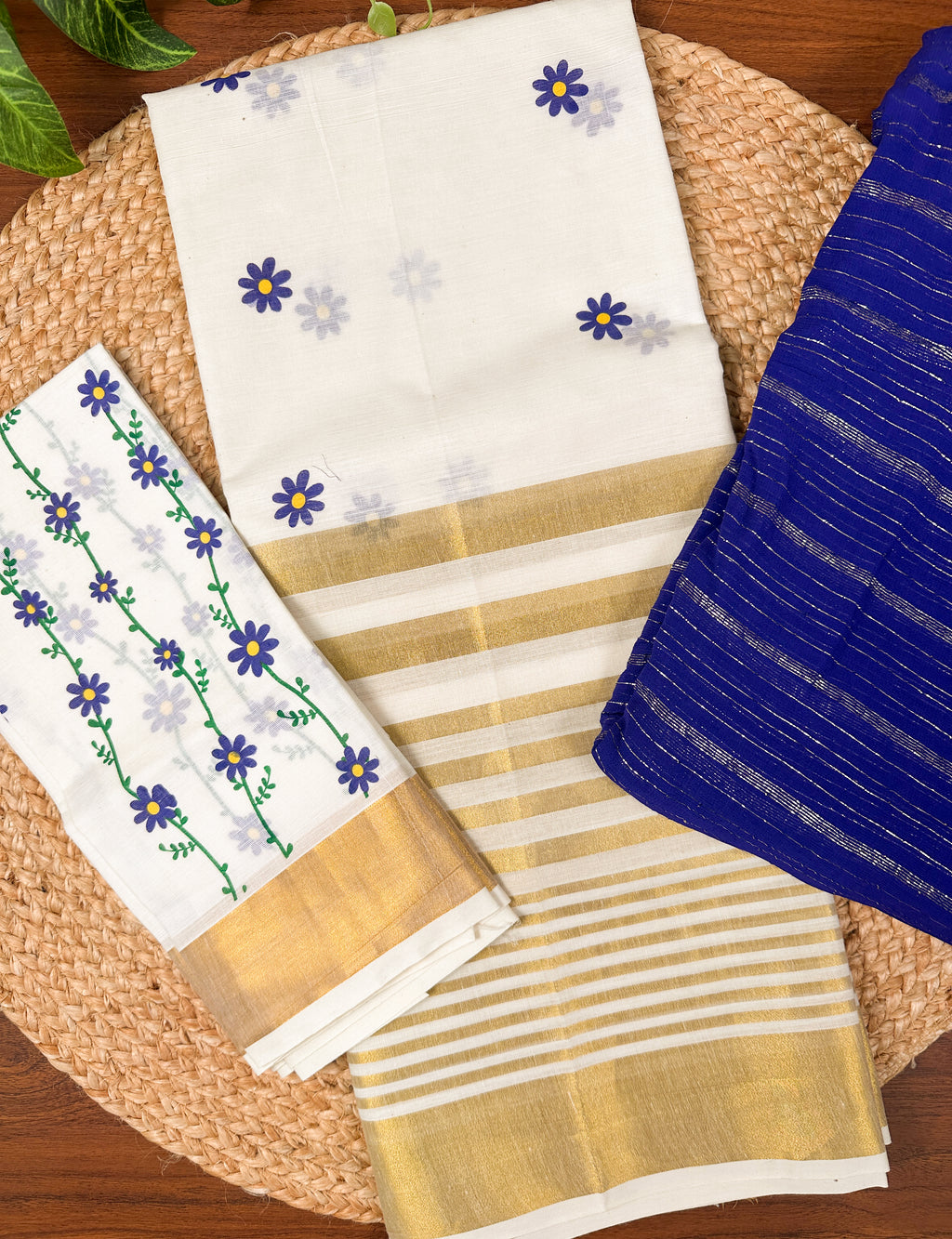 Hand-Printed Cotton Half Saree with Georgette Zari Shawl