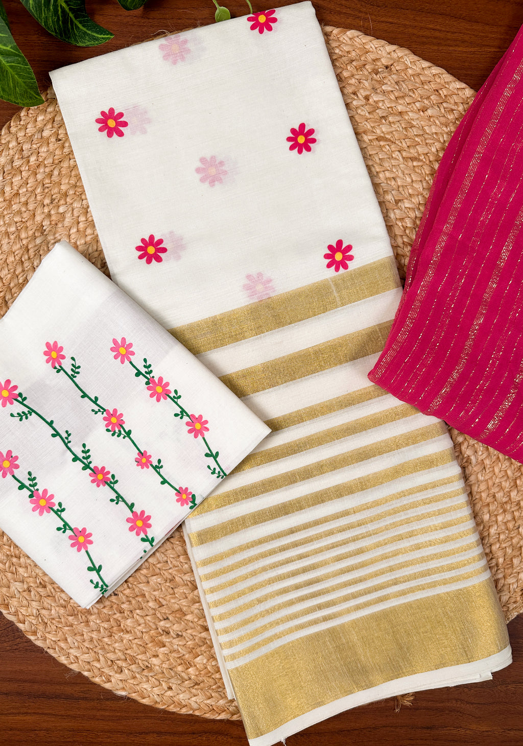Hand-Printed Cotton Half Saree with Georgette Zari Shawl