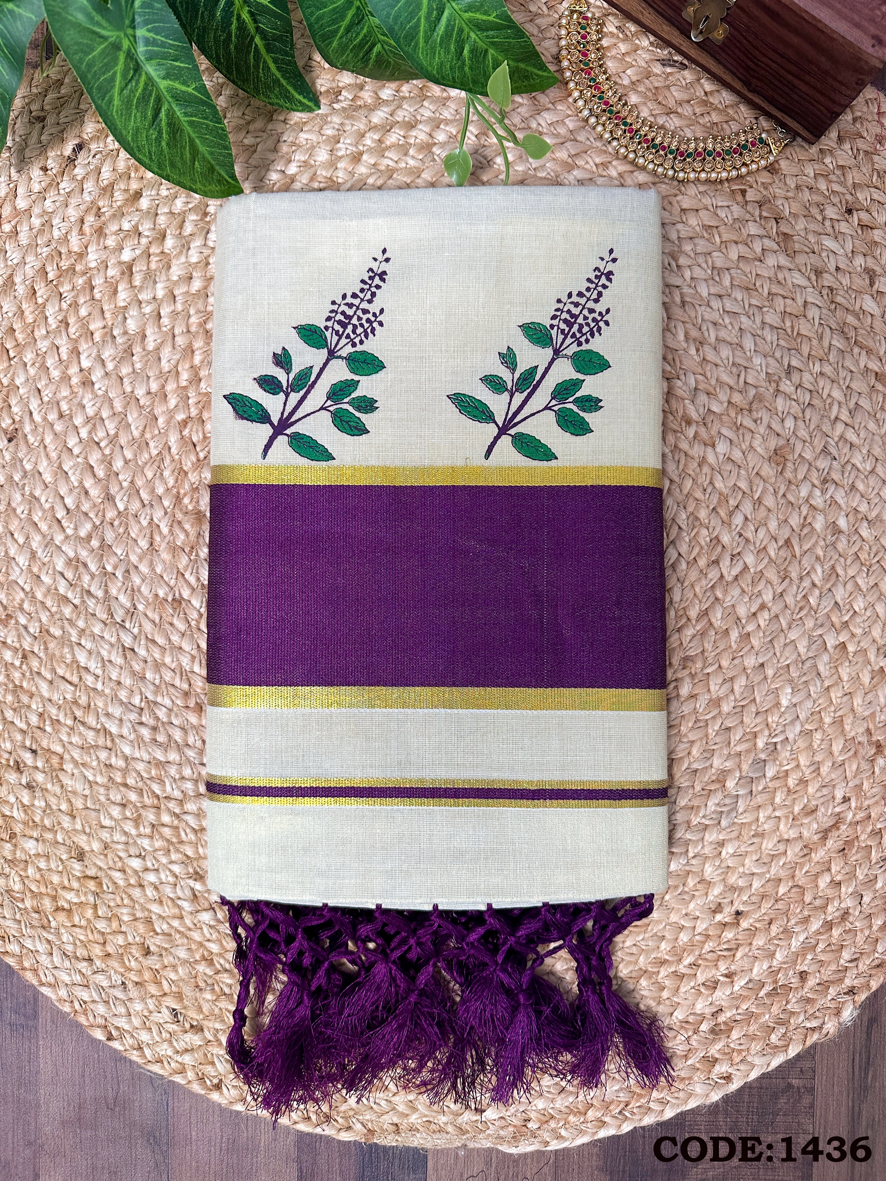 4 Inch Golden Tissue Set Saree with Tulasi kathir Print