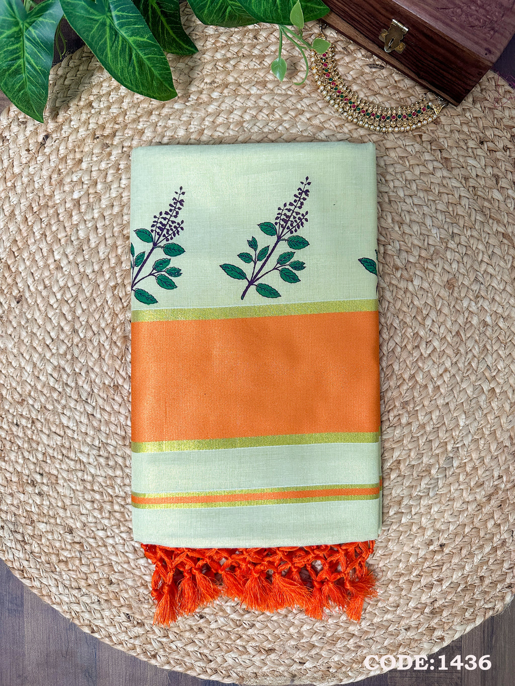 4 Inch Golden Tissue Set Saree with Tulasi kathir Print