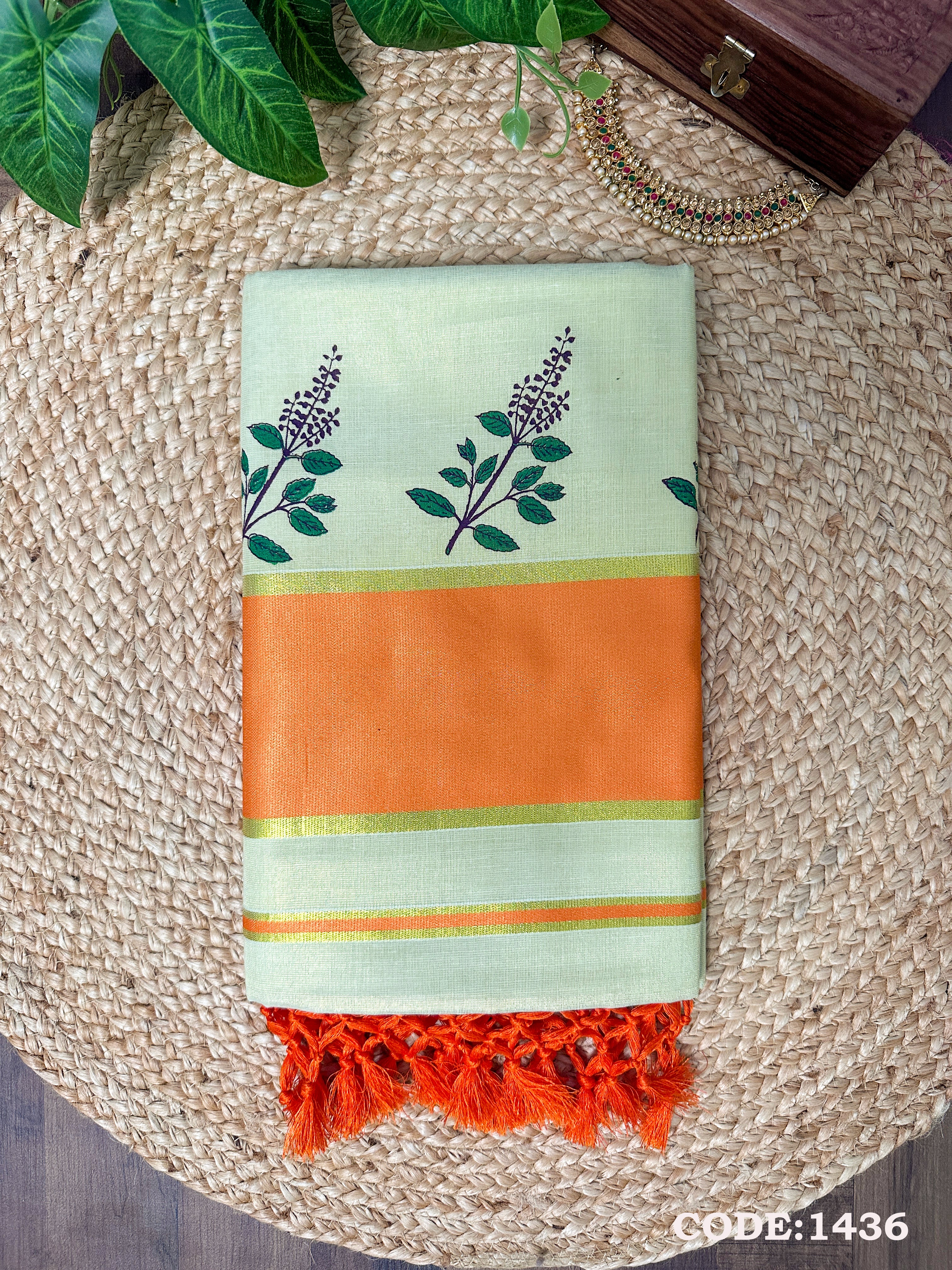 4 Inch Golden Tissue Set Saree with Tulasi kathir Print